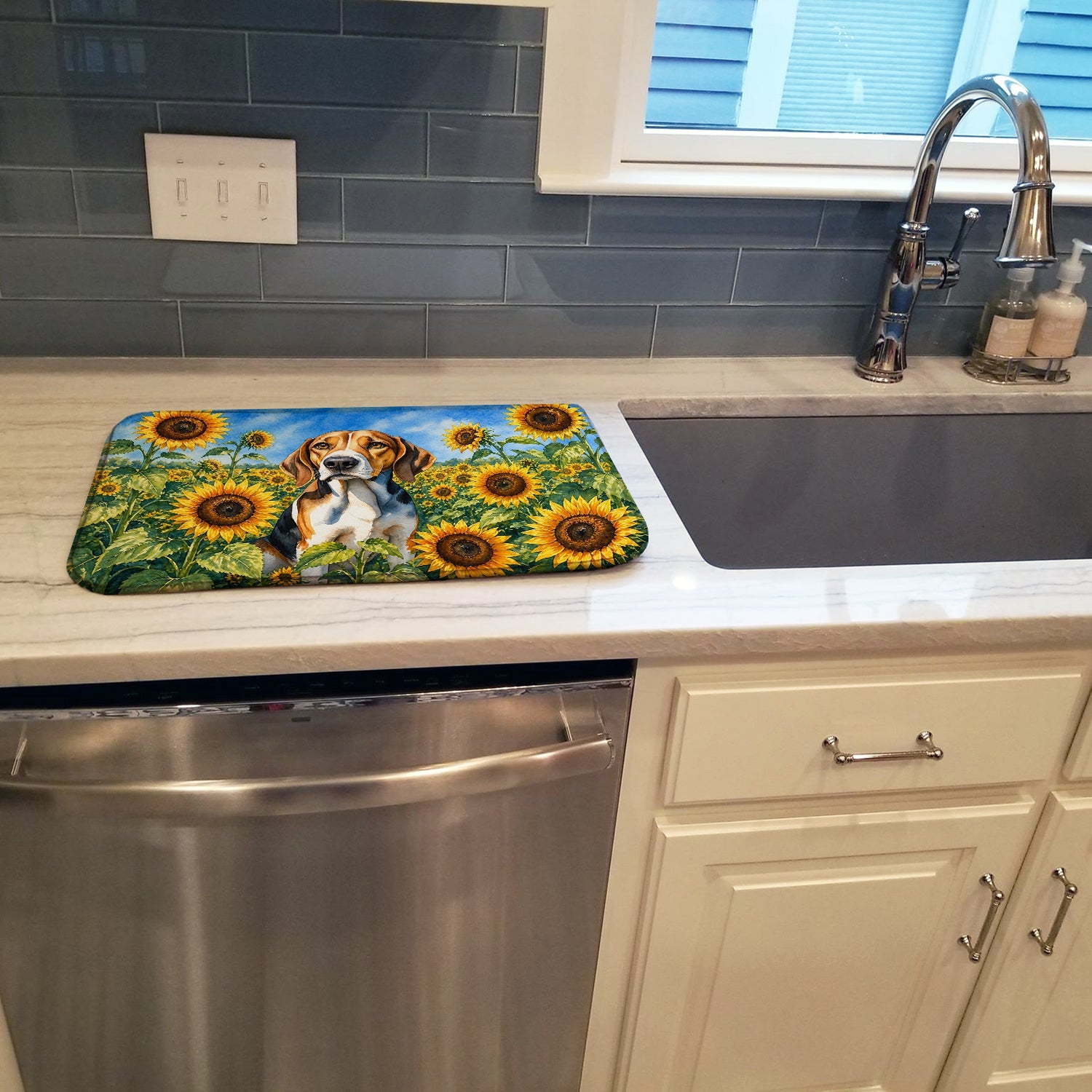 American Foxhound in Sunflowers Dish Drying Mat Absorbent Dish Drying Mat Pad for Kitchen Counter Dish Drainer Mat for Countertop, 14 x 21", Multicolor