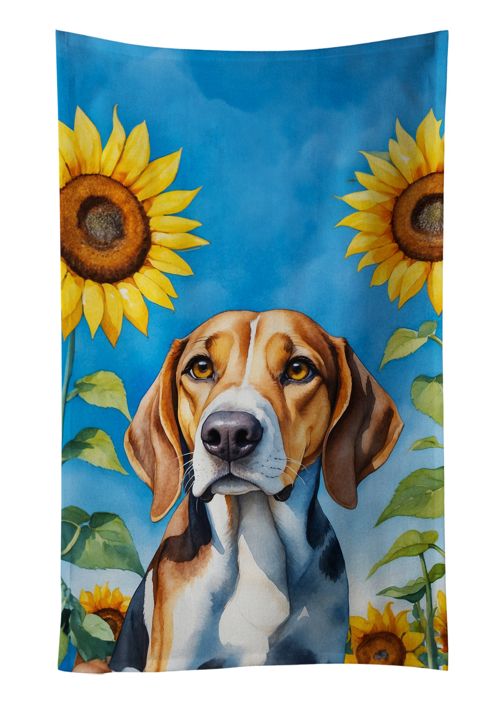 American Foxhound in Sunflowers Kitchen Towel Velour Plush Front and Cotton Loop Back Machine Washable