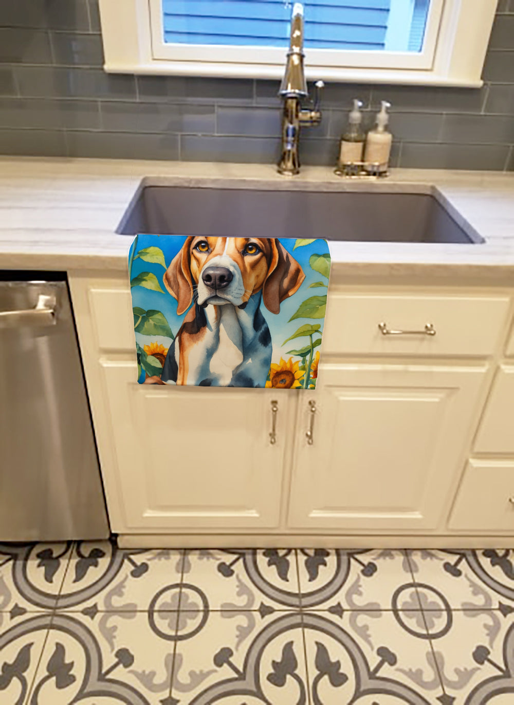 American Foxhound in Sunflowers Kitchen Towel Velour Plush Front and Cotton Loop Back Machine Washable