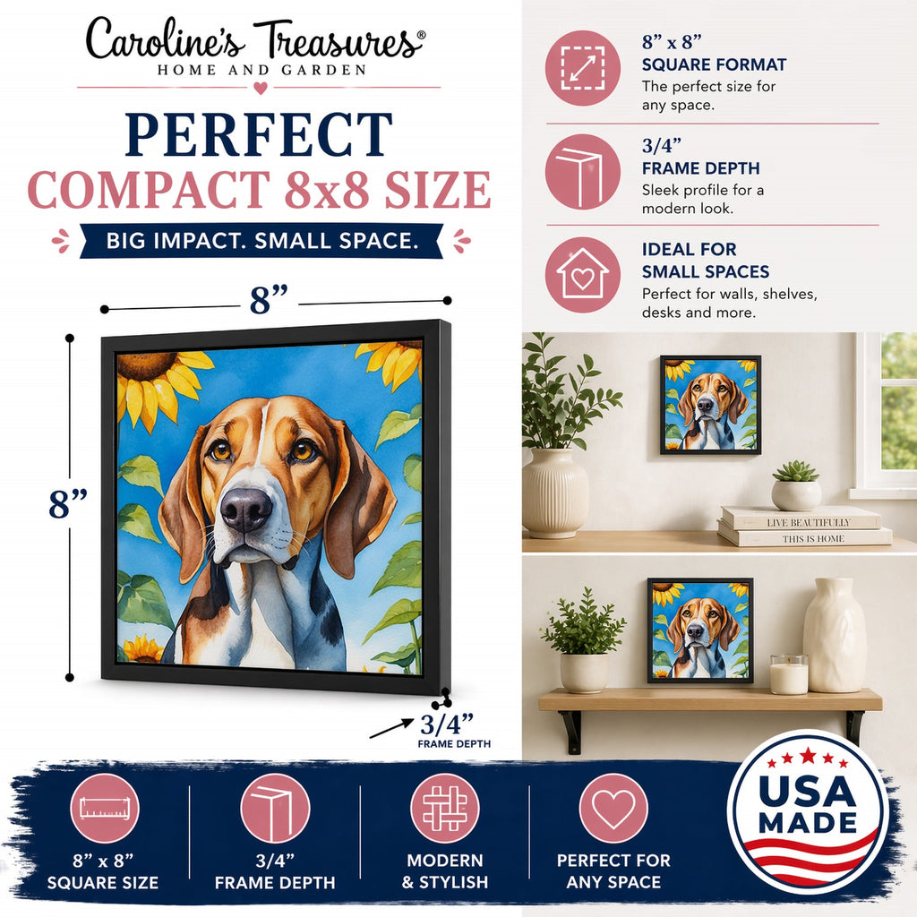 American Foxhound in Sunflowers Framed Metal Print Bathroom, Kitchen, Office, Home Decor Wall Art Ready to Hang, Square, 8X8