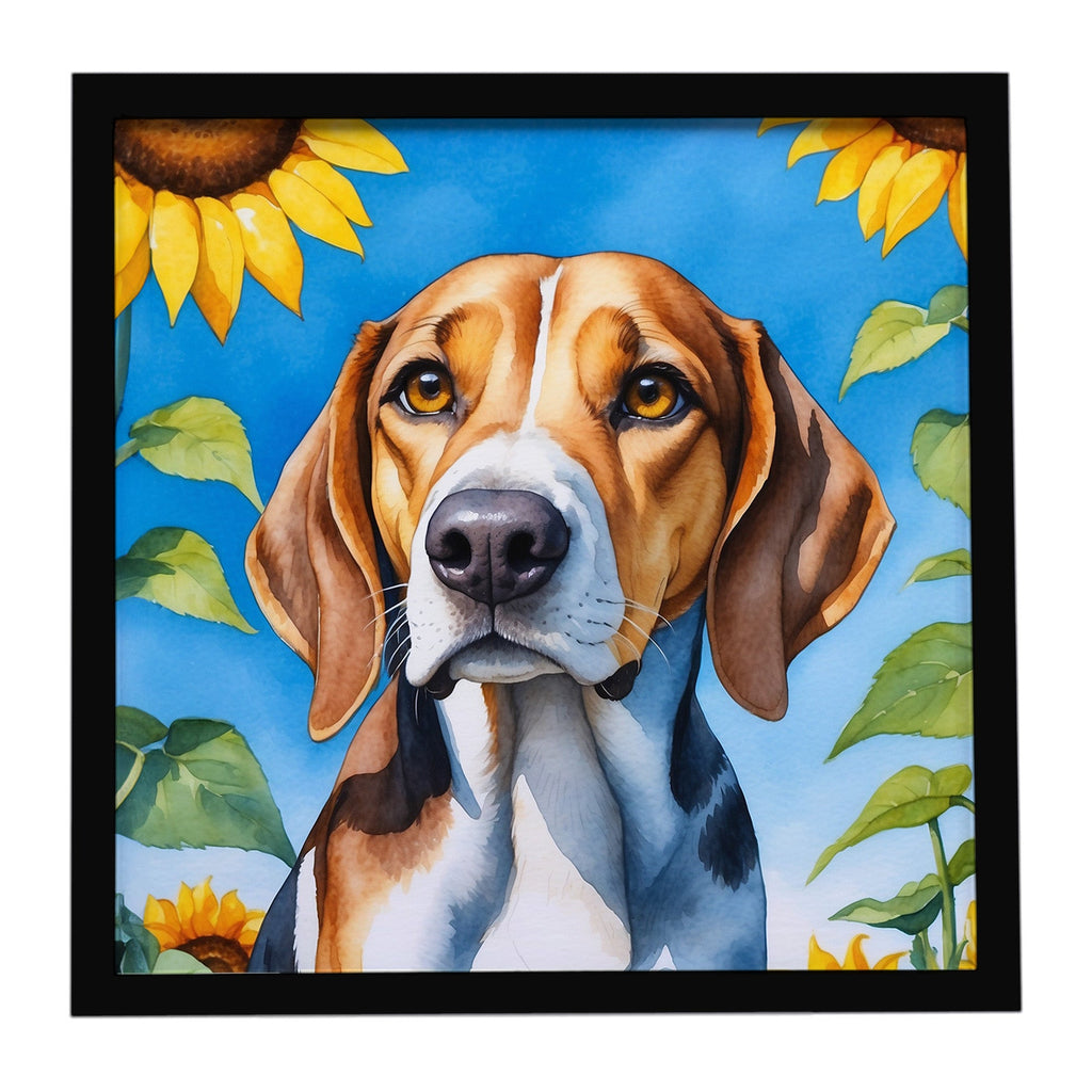 American Foxhound in Sunflowers Framed Metal Print Bathroom, Kitchen, Office, Home Decor Wall Art Ready to Hang, Square, 8X8
