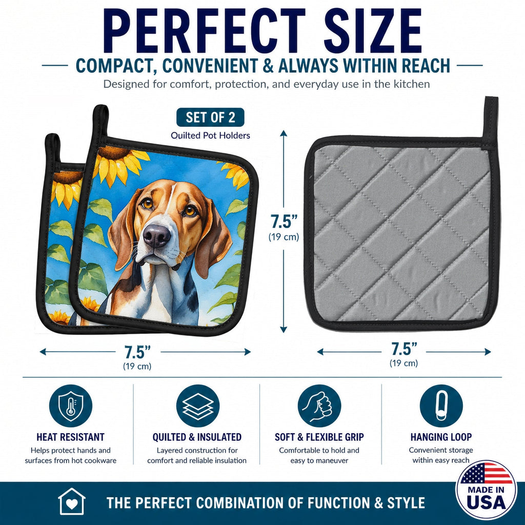 American Foxhound in Sunflowers Pot Holder Set of 2 Heat Resistant Quilted Hot Pads 7.5 x 7.5 Inch, Insulated Kitchen Trivets for Cooking & Baking