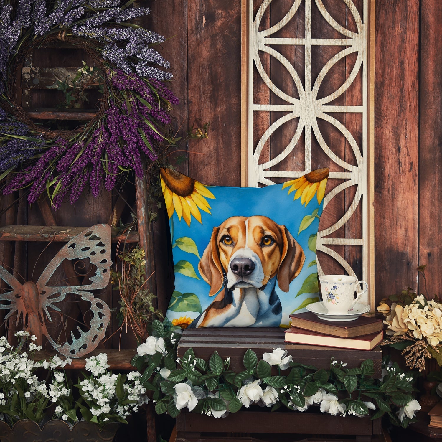 American Foxhound in Sunflowers Decorative Throw Pillow 14x14 Indoor Outdoor Accent Cushion, Fabric Cover with Insert for Sofa, Bed, Porch & Living Room