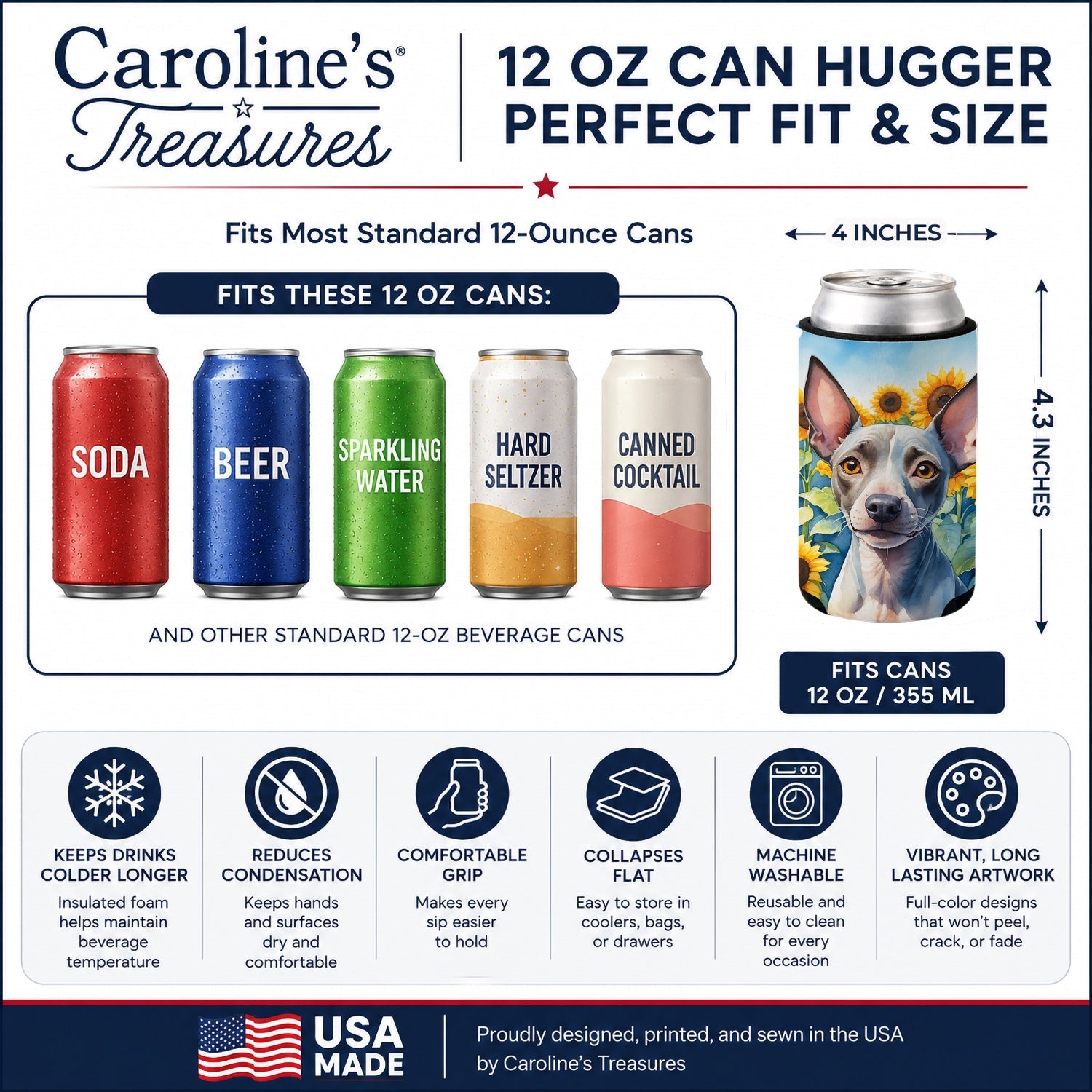American Hairless Terrier in Sunflowers Can or Bottle Hugger Cooler Sleeve for Standard 12 oz Cans, Insulated Foam Beer & Soda Can Hugger Reusable