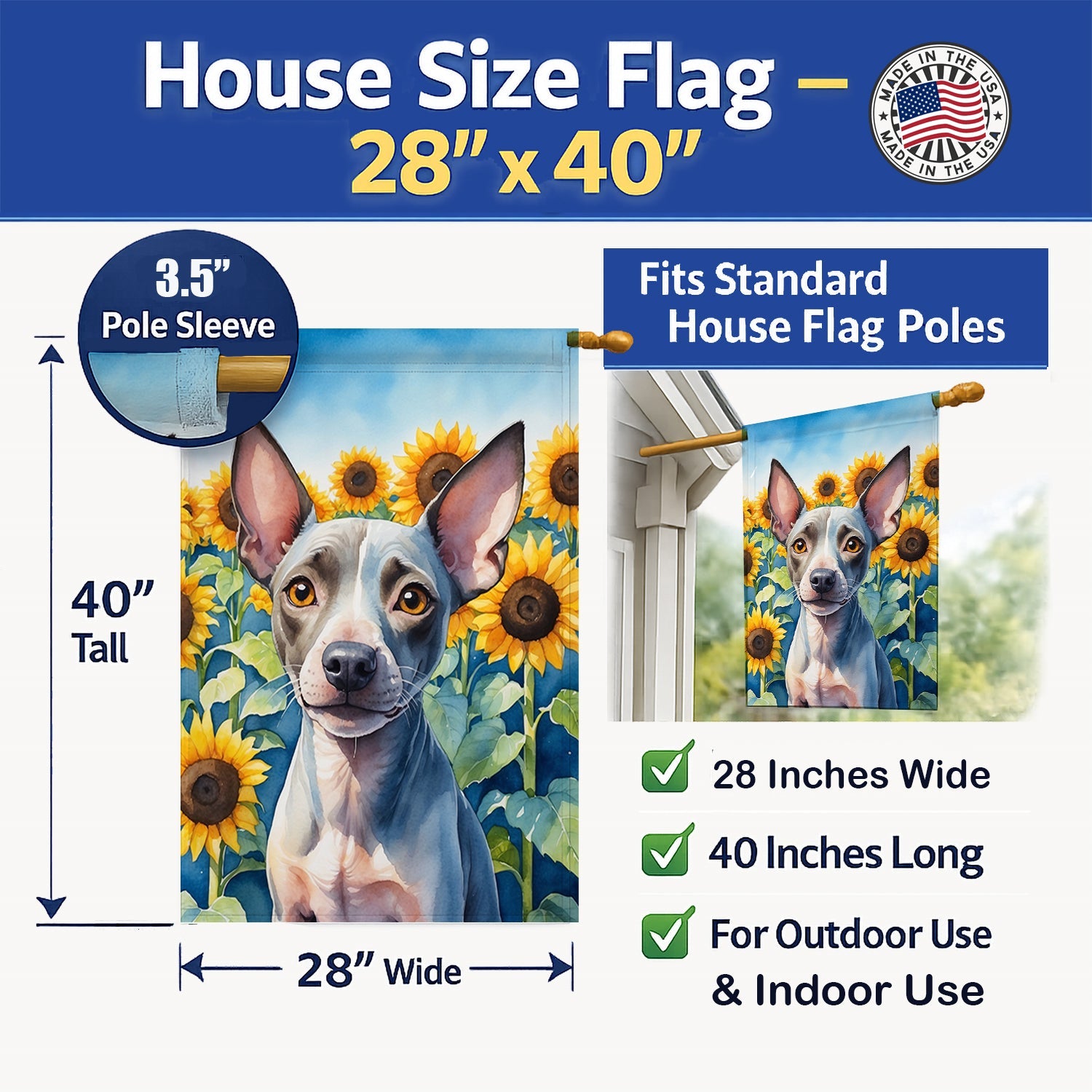 American Hairless Terrier in Sunflowers House Flag 28x40 Porch Sleeve Pole Decorative Outside Yard Banner Artwork Wall Hanging, Polyester