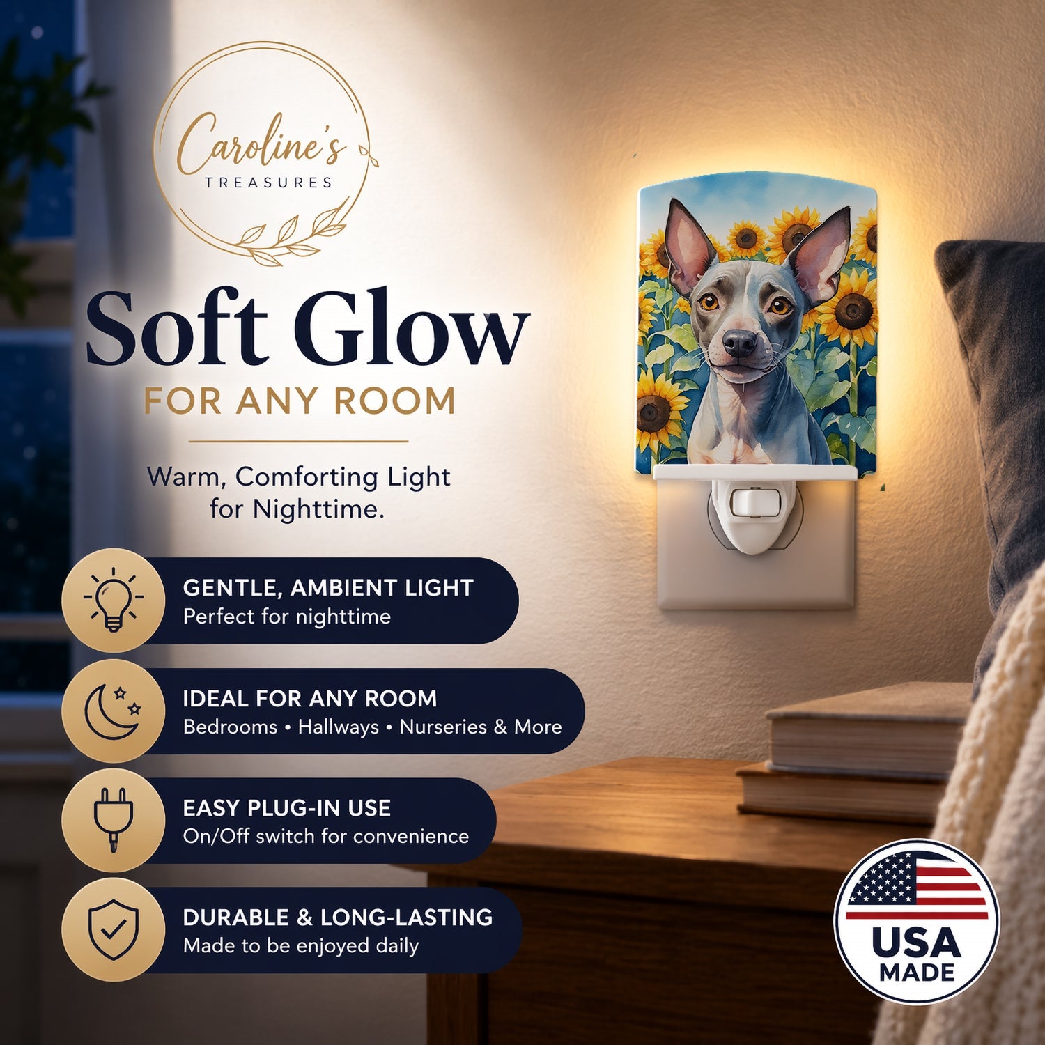 American Hairless Terrier in Sunflowers Ceramic Night Light Compact, UL-Certified, Ideal for Bedroom, Bathroom, Nursery, Hallway, Kitchen, 6x4x3, Multicolor