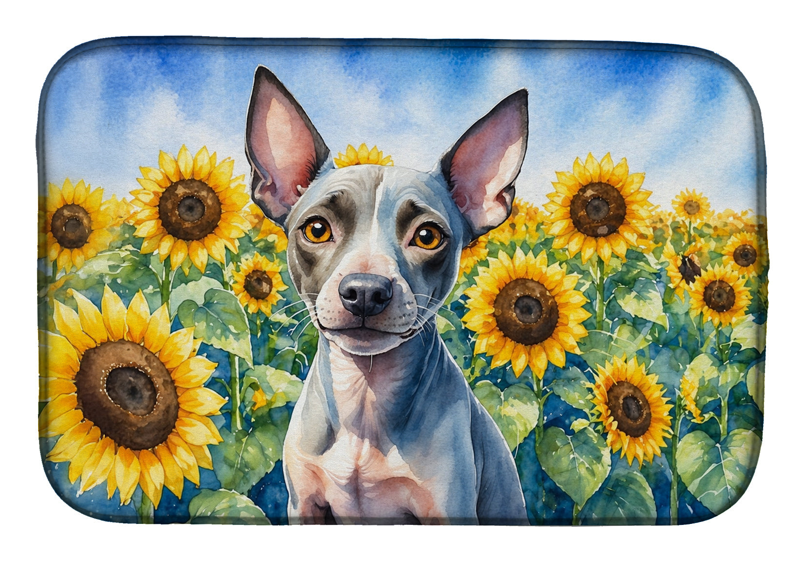 American Hairless Terrier in Sunflowers Dish Drying Mat Absorbent Dish Drying Mat Pad for Kitchen Counter Dish Drainer Mat for Countertop, 14 x 21", Multicolor