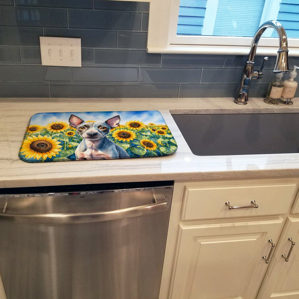 American Hairless Terrier in Sunflowers Dish Drying Mat Absorbent Dish Drying Mat Pad for Kitchen Counter Dish Drainer Mat for Countertop, 14 x 21", Multicolor