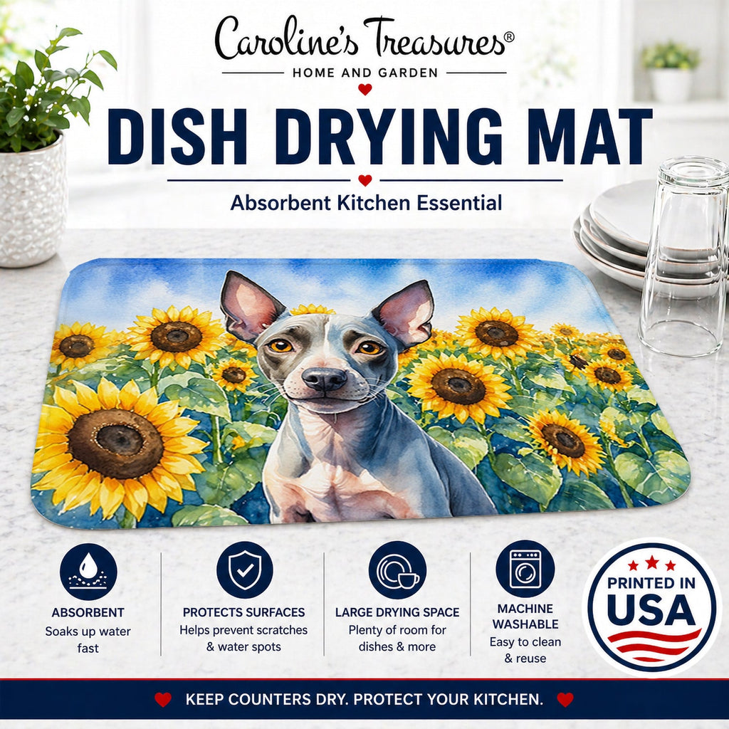 American Hairless Terrier in Sunflowers Dish Drying Mat Absorbent Dish Drying Mat Pad for Kitchen Counter Dish Drainer Mat for Countertop, 14 x 21", Multicolor