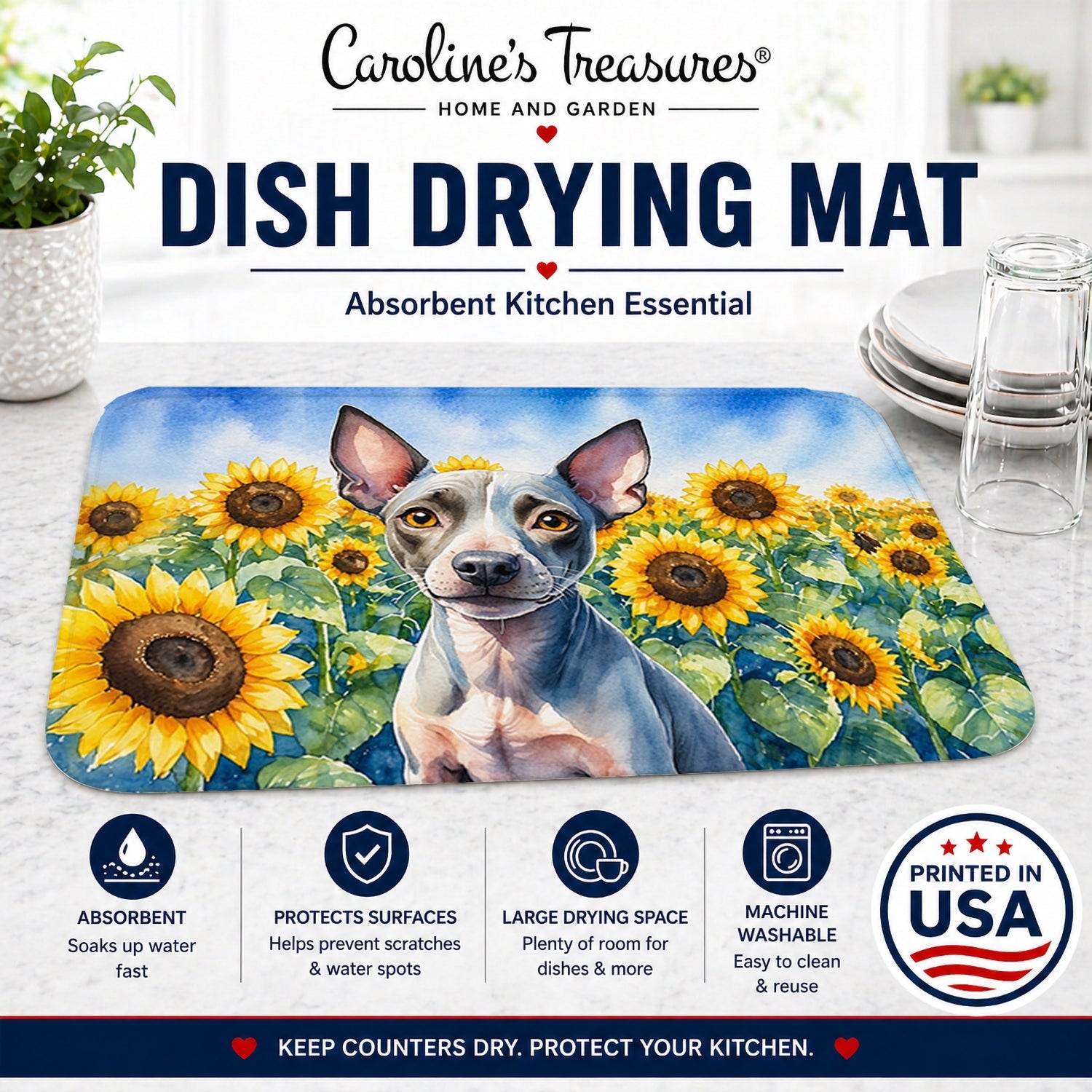American Hairless Terrier in Sunflowers Dish Drying Mat Absorbent Dish Drying Mat Pad for Kitchen Counter Dish Drainer Mat for Countertop, 14 x 21", Multicolor