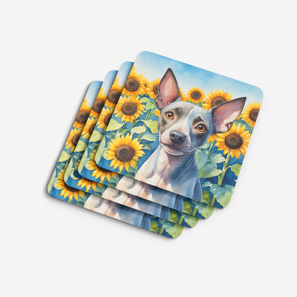 American Hairless Terrier in Sunflowers Foam Coasters Set of 4 Cup Coasters for Indoor Outdoor, Tabletop Protection, Anti Slip, Mouse pad Material