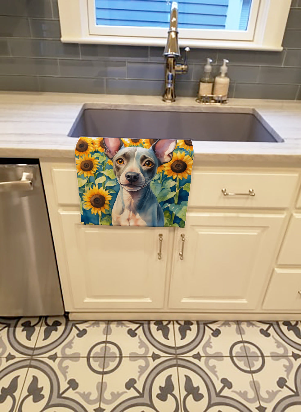American Hairless Terrier in Sunflowers Kitchen Towel Velour Plush Front and Cotton Loop Back Machine Washable