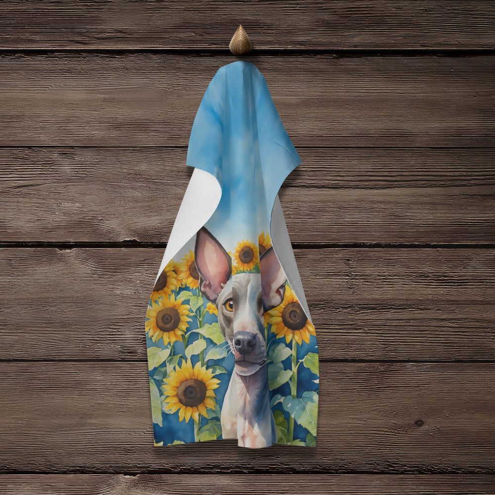 American Hairless Terrier in Sunflowers Kitchen Towel Velour Plush Front and Cotton Loop Back Machine Washable