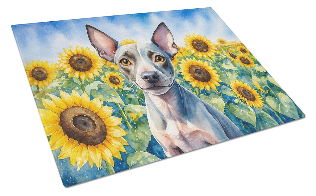 American Hairless Terrier in Sunflowers Cutting Board Tempered Glass Kitchen Cutting Surface, Heat Resistant Chopping Board with Non-Slip Feet, Decorative Food Prep & Serving