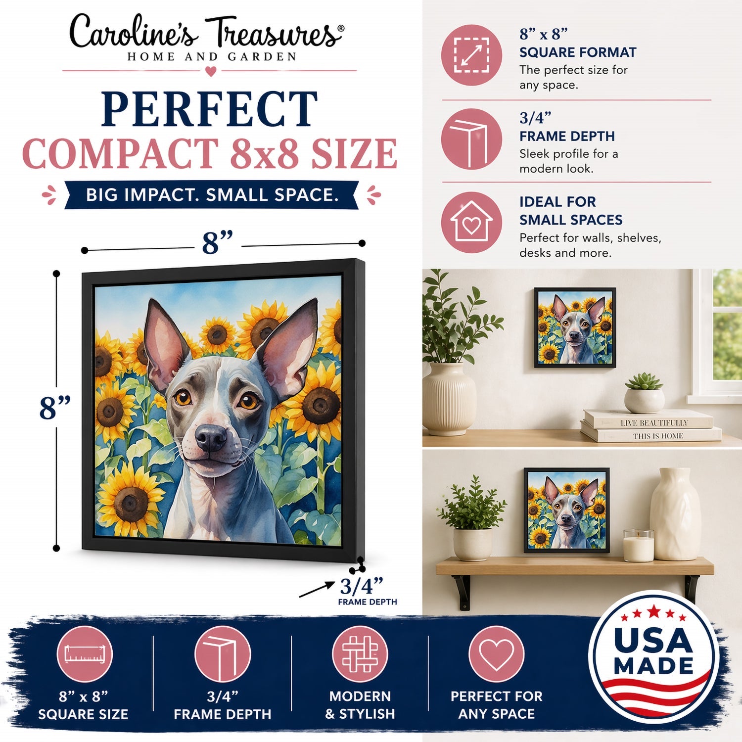 American Hairless Terrier in Sunflowers Framed Metal Print Bathroom, Kitchen, Office, Home Decor Wall Art Ready to Hang, Square, 8X8