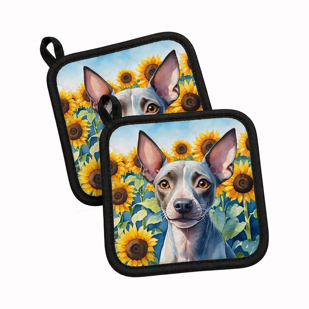 American Hairless Terrier in Sunflowers Pot Holder Set of 2 Heat Resistant Quilted Hot Pads 7.5 x 7.5 Inch, Insulated Kitchen Trivets for Cooking & Baking