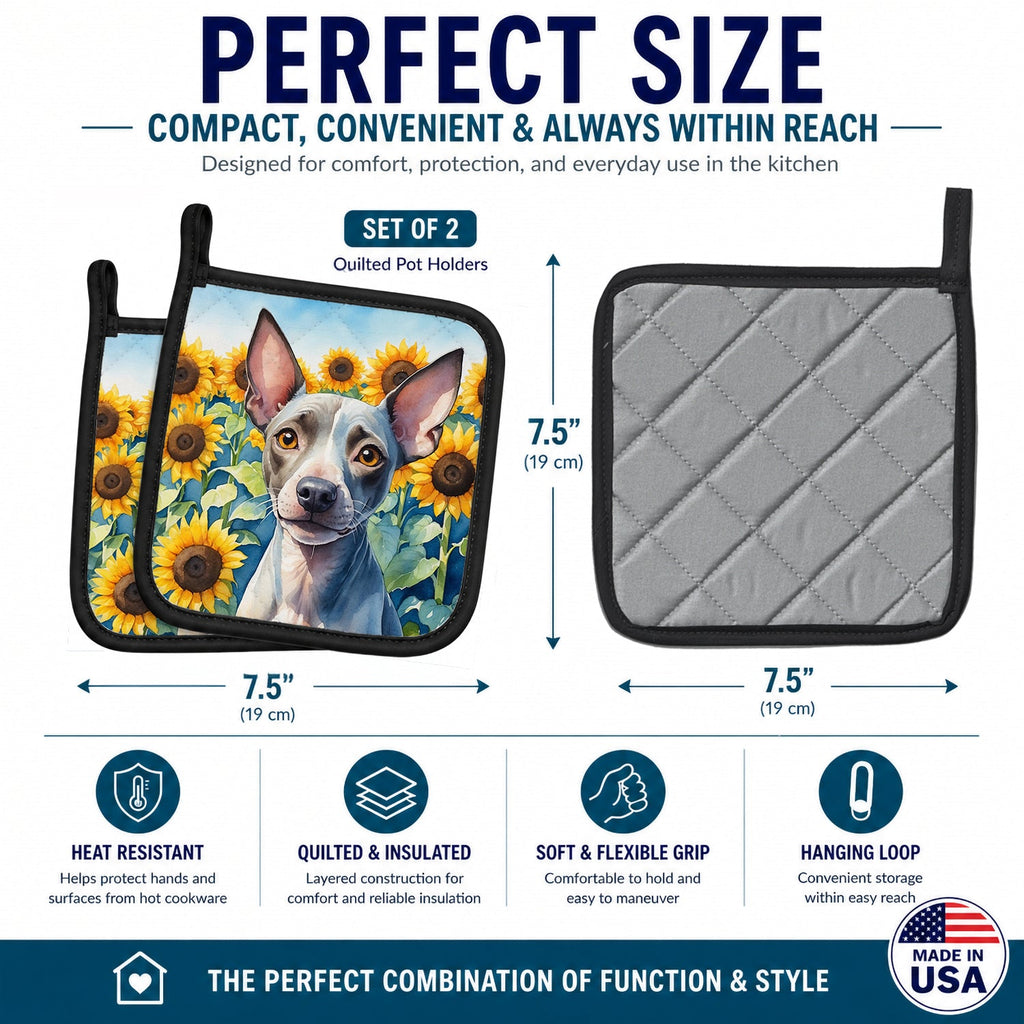 American Hairless Terrier in Sunflowers Pot Holder Set of 2 Heat Resistant Quilted Hot Pads 7.5 x 7.5 Inch, Insulated Kitchen Trivets for Cooking & Baking