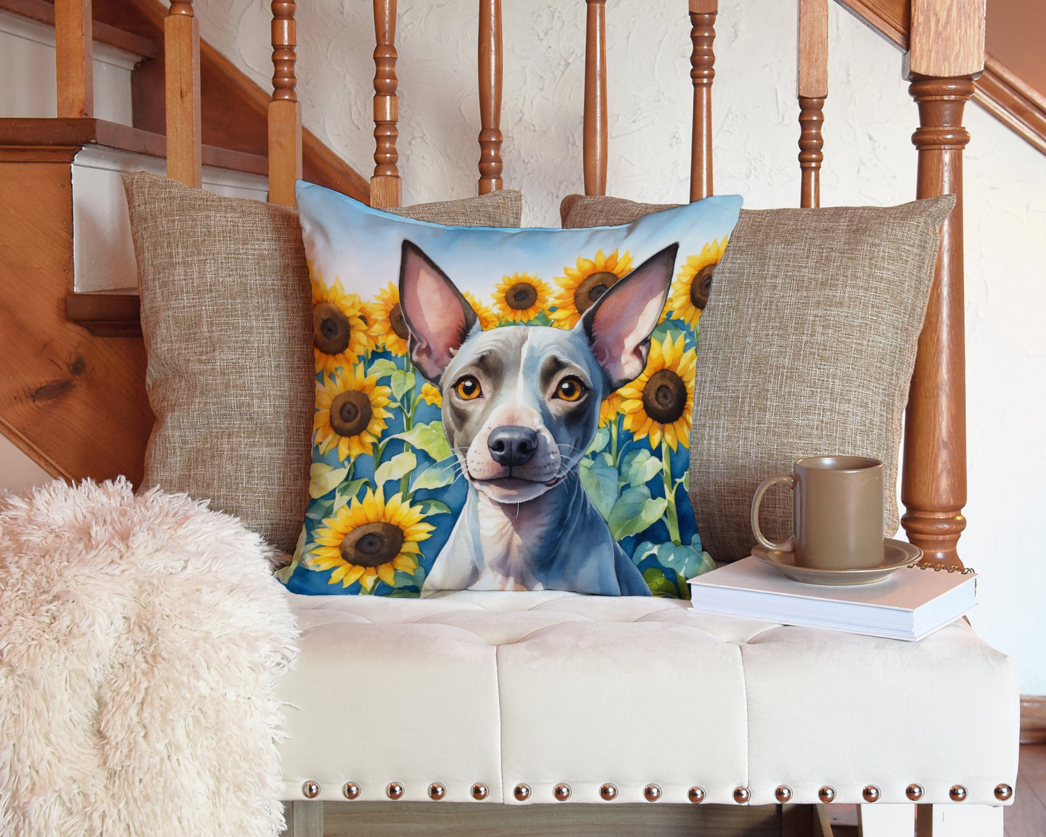 American Hairless Terrier in Sunflowers Decorative Throw Pillow 14x14 Indoor Outdoor Accent Cushion, Fabric Cover with Insert for Sofa, Bed, Porch & Living Room
