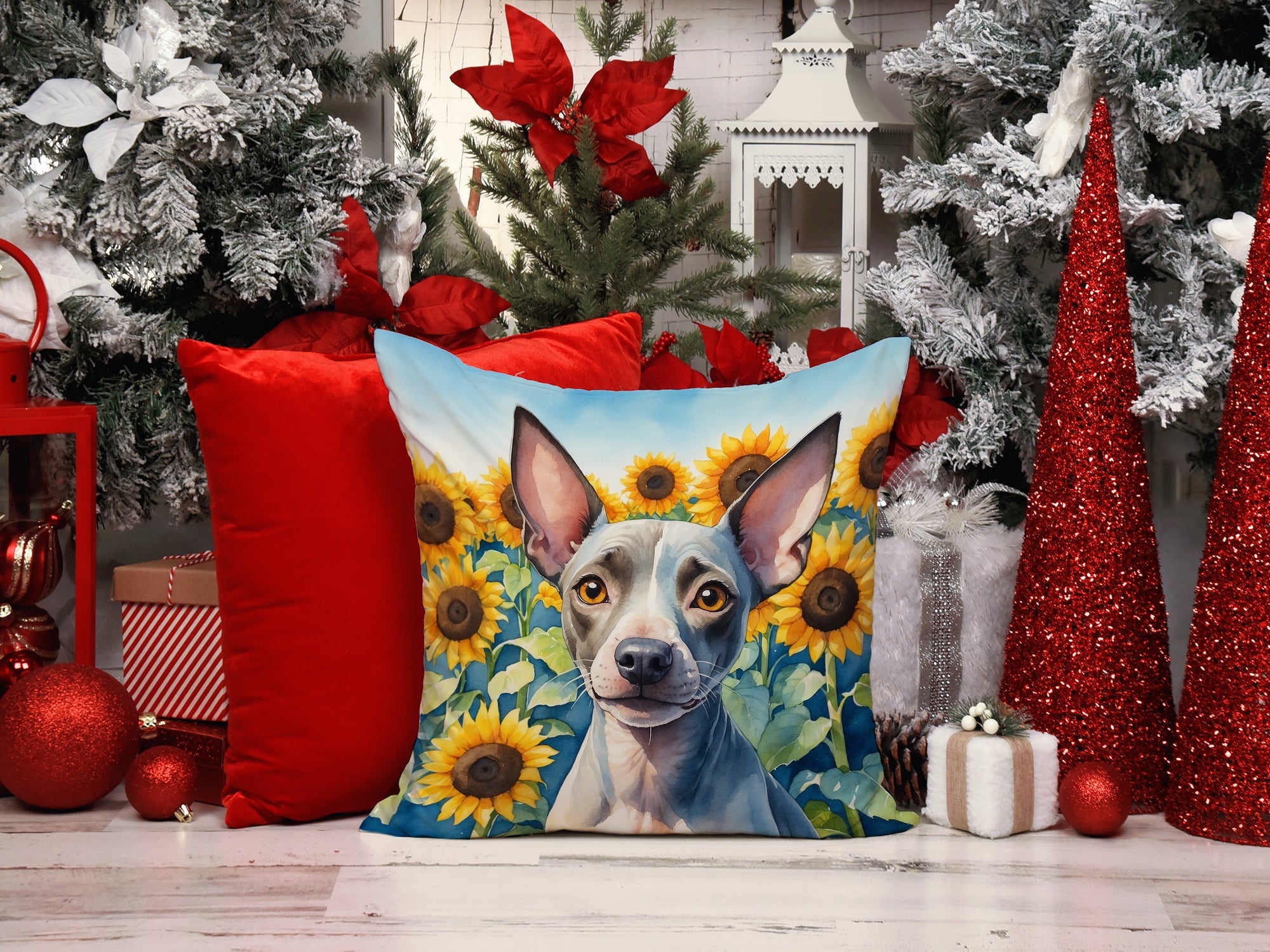 American Hairless Terrier in Sunflowers Decorative Throw Pillow 14x14 Indoor Outdoor Accent Cushion, Fabric Cover with Insert for Sofa, Bed, Porch & Living Room
