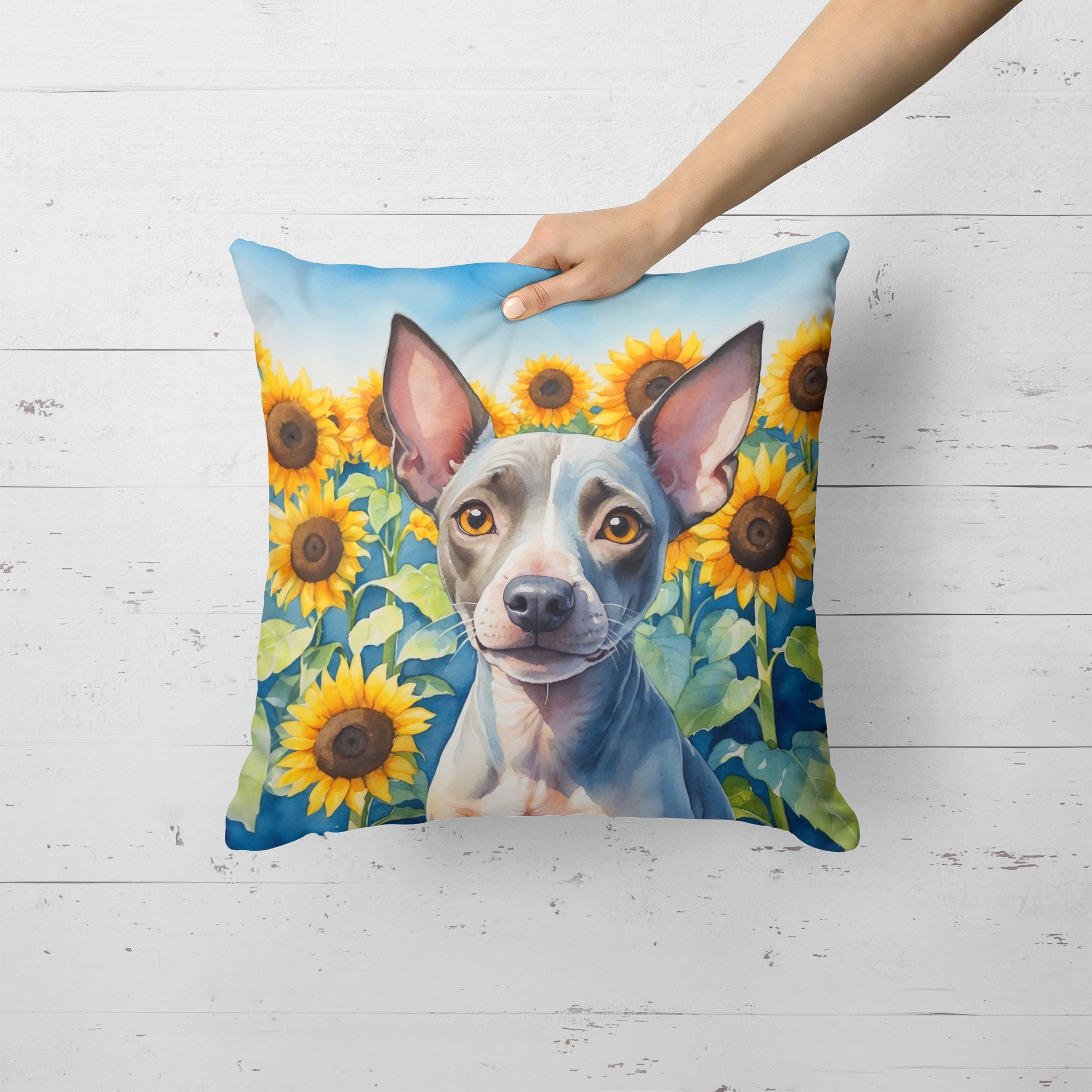American Hairless Terrier in Sunflowers Decorative Throw Pillow 18x18 Indoor Outdoor Accent Cushion, Fabric Cover with Insert for Sofa, Bed, Porch & Living Room