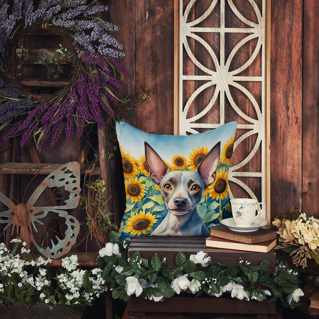 American Hairless Terrier in Sunflowers Decorative Throw Pillow 18x18 Indoor Outdoor Accent Cushion, Fabric Cover with Insert for Sofa, Bed, Porch & Living Room