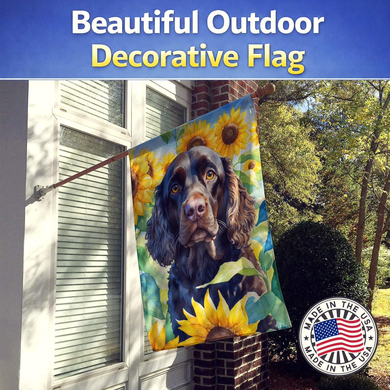 American Water Spaniel in Sunflowers House Flag 28x40 Porch Sleeve Pole Decorative Outside Yard Banner Artwork Wall Hanging, Polyester