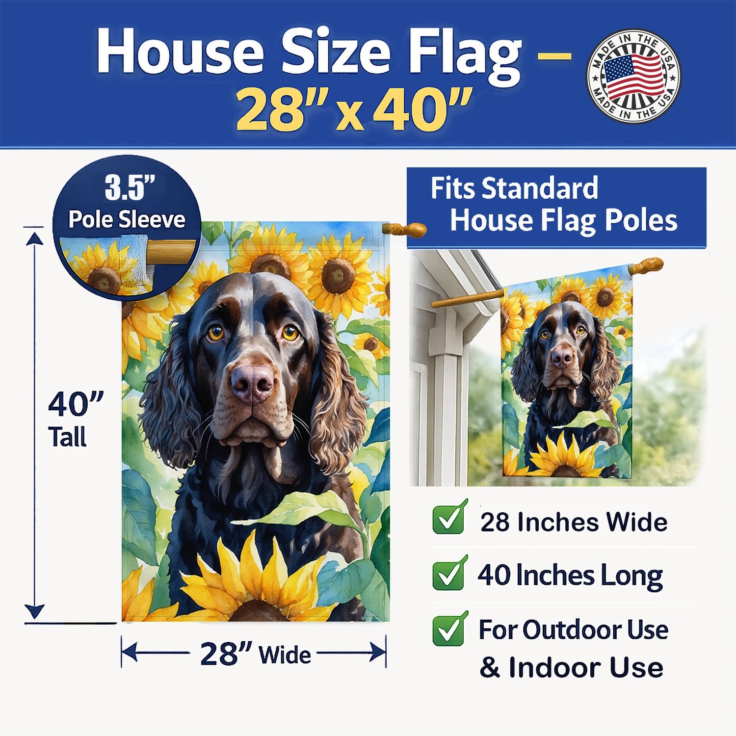 American Water Spaniel in Sunflowers House Flag 28x40 Porch Sleeve Pole Decorative Outside Yard Banner Artwork Wall Hanging, Polyester