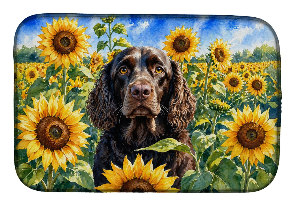 American Water Spaniel in Sunflowers Dish Drying Mat Absorbent Dish Drying Mat Pad for Kitchen Counter Dish Drainer Mat for Countertop, 14 x 21", Multicolor
