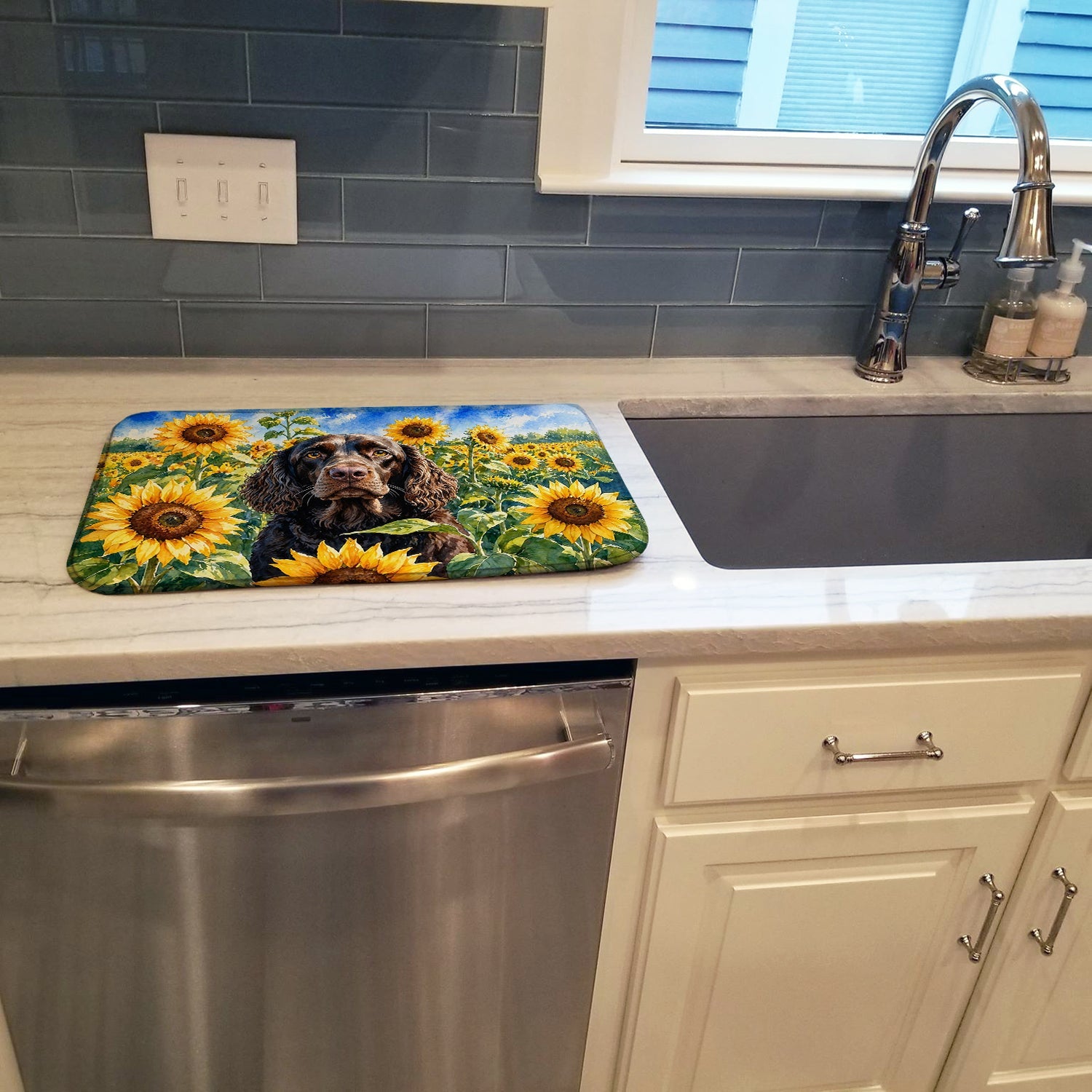 American Water Spaniel in Sunflowers Dish Drying Mat Absorbent Dish Drying Mat Pad for Kitchen Counter Dish Drainer Mat for Countertop, 14 x 21", Multicolor