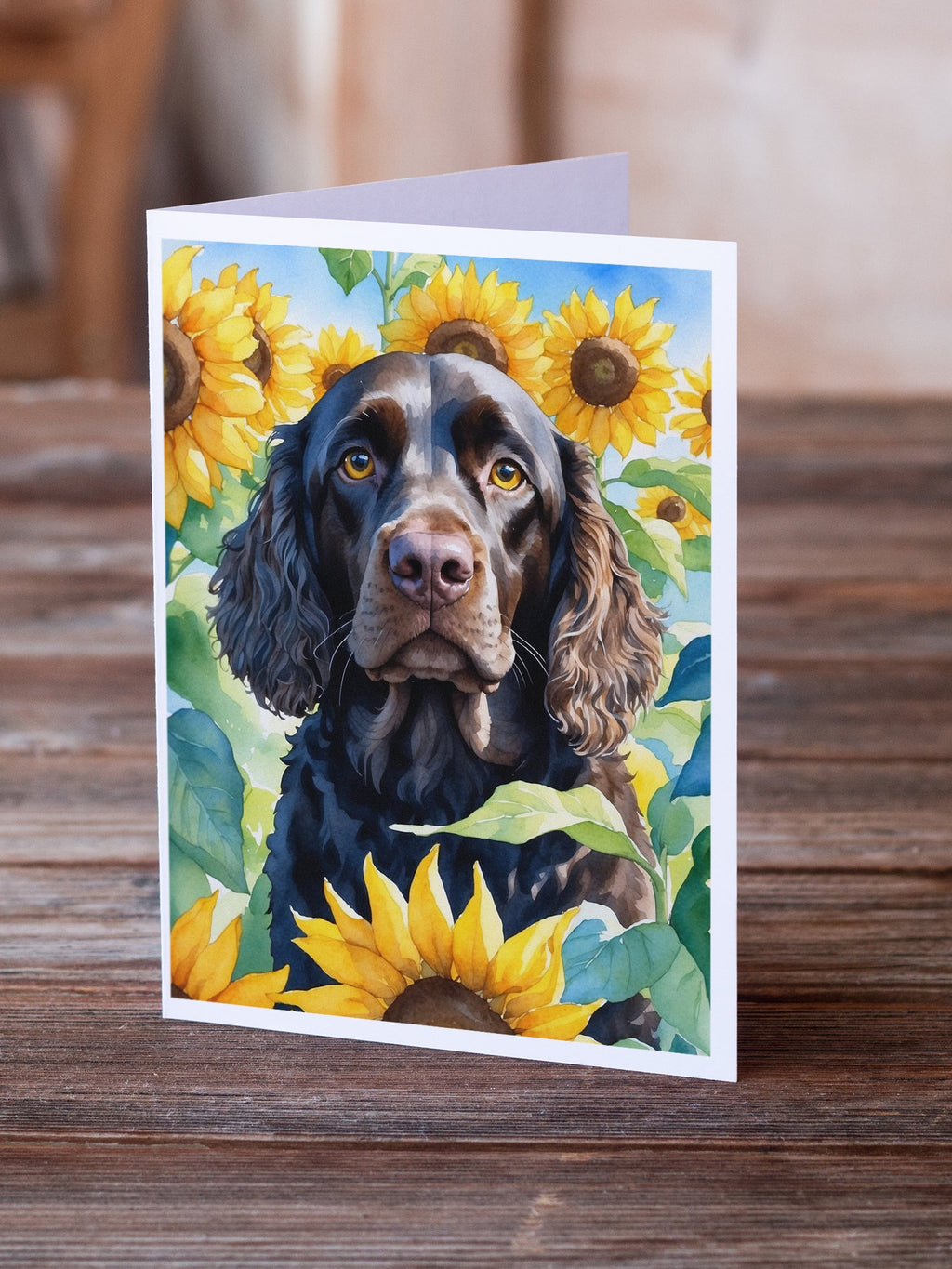 American Water Spaniel in Sunflowers Greeting Cards Pack of 8 Blank Cards with Envelopes Whimsical A7 Size 5x7