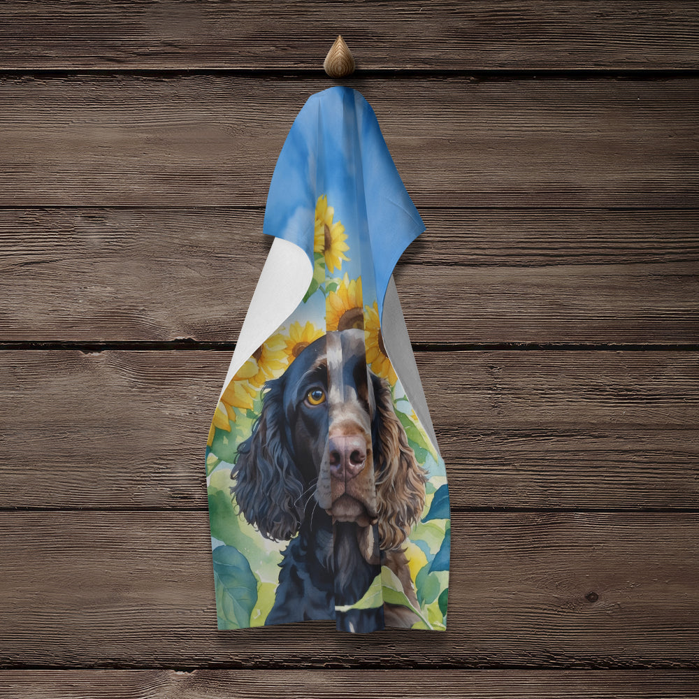 American Water Spaniel in Sunflowers Kitchen Towel Velour Plush Front and Cotton Loop Back Machine Washable