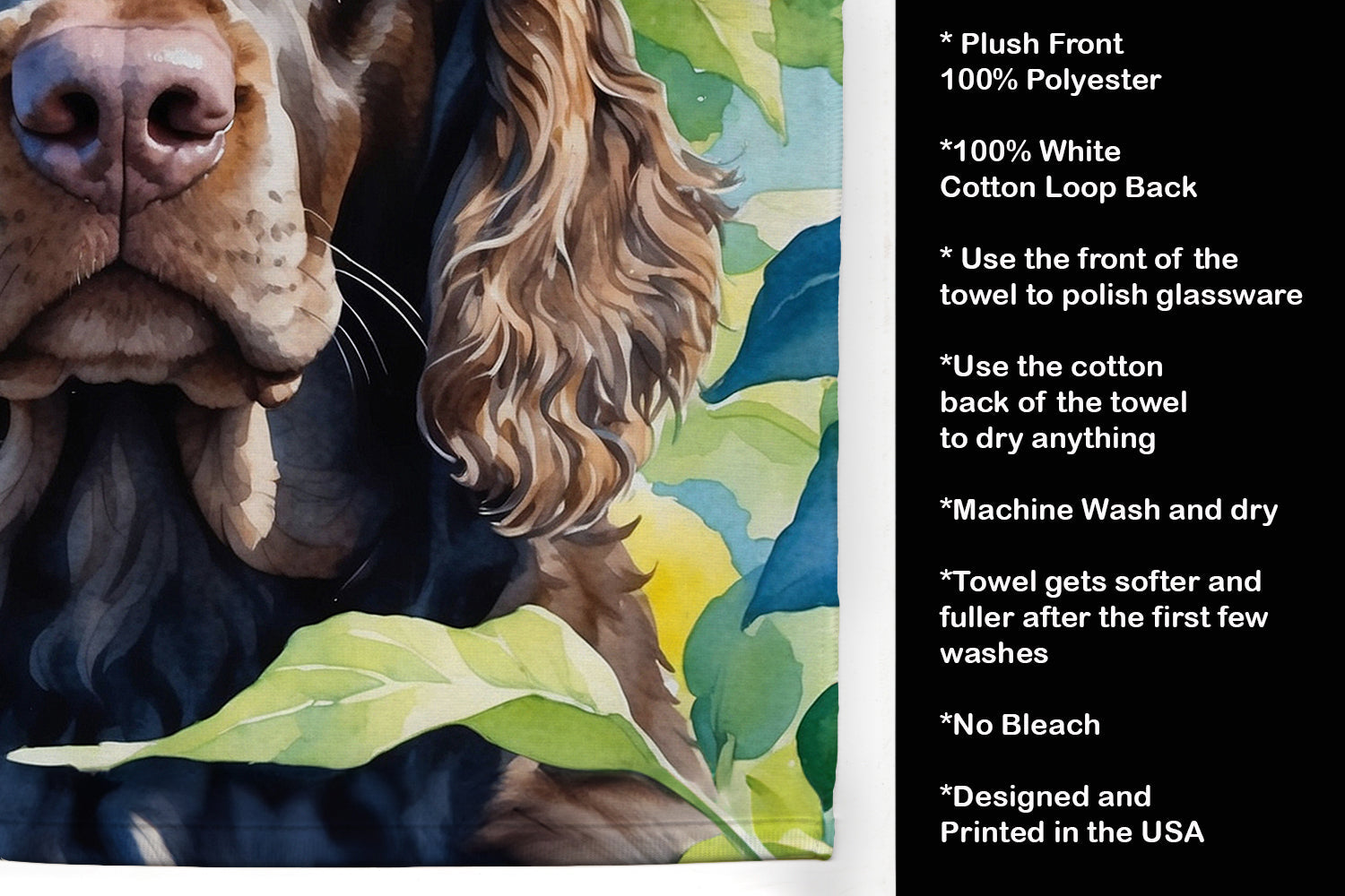American Water Spaniel in Sunflowers Kitchen Towel Velour Plush Front and Cotton Loop Back Machine Washable