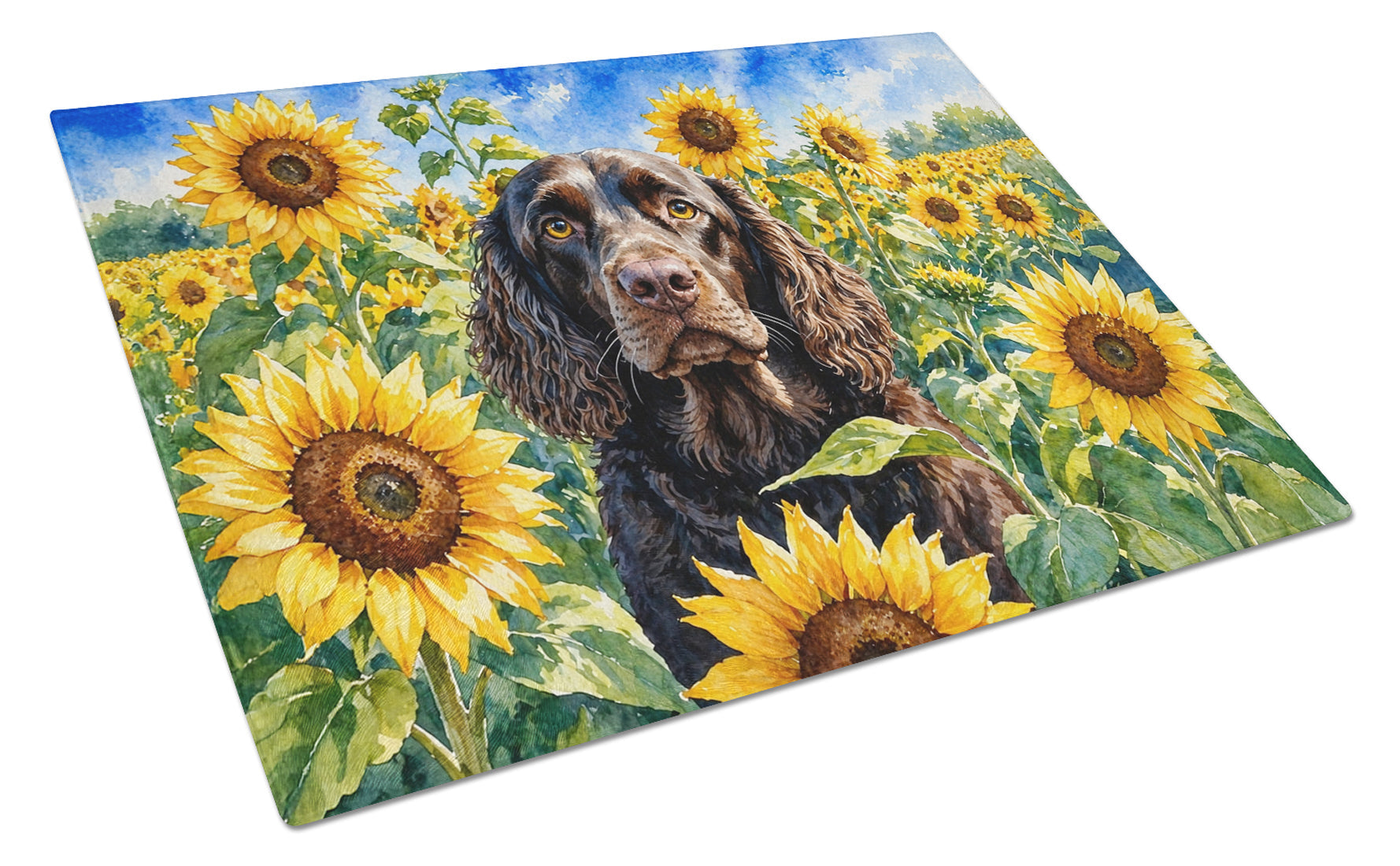 American Water Spaniel in Sunflowers Cutting Board Tempered Glass Kitchen Cutting Surface, Heat Resistant Chopping Board with Non-Slip Feet, Decorative Food Prep & Serving