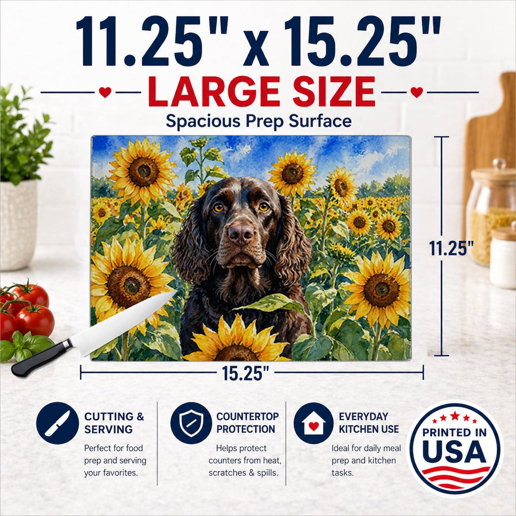 American Water Spaniel in Sunflowers Cutting Board Tempered Glass Kitchen Cutting Surface, Heat Resistant Chopping Board with Non-Slip Feet, Decorative Food Prep & Serving