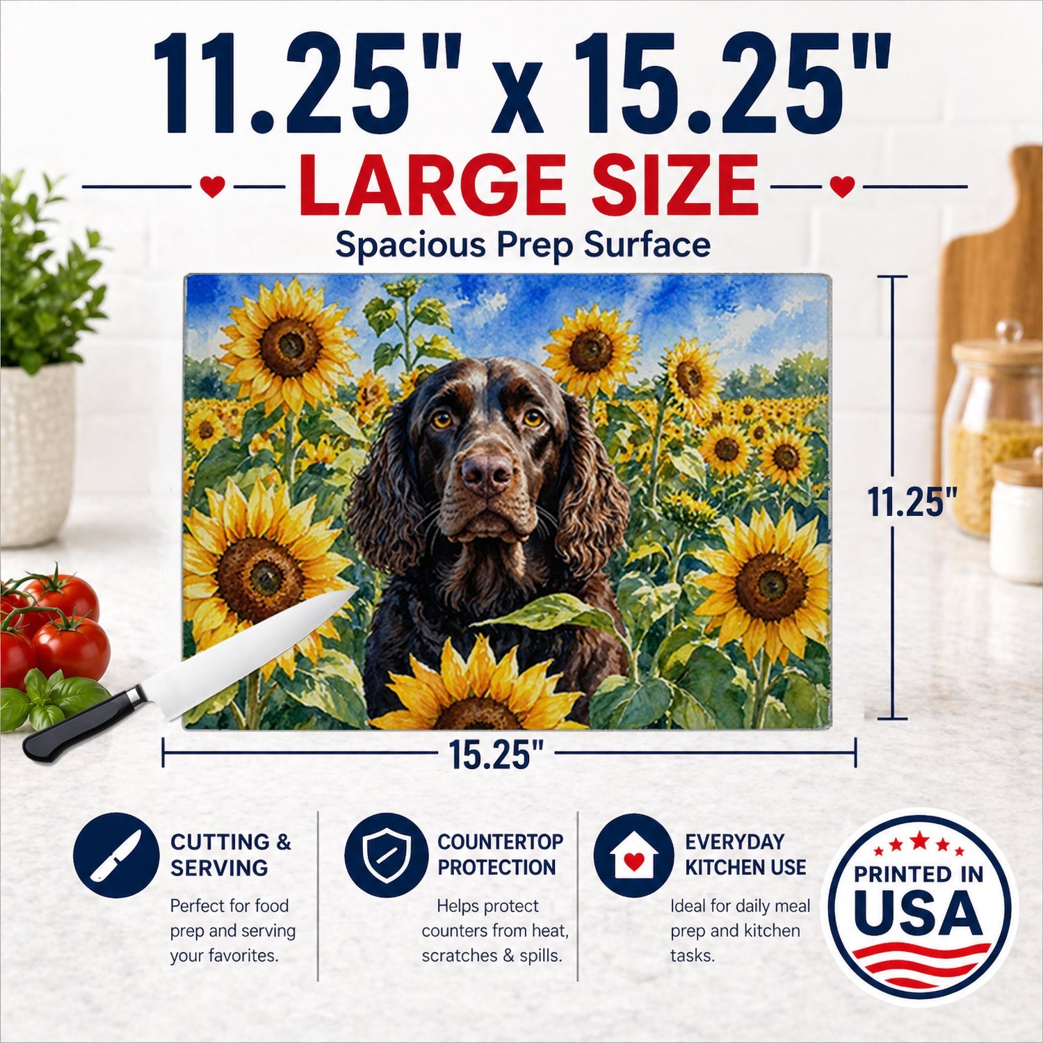 American Water Spaniel in Sunflowers Cutting Board Tempered Glass Kitchen Cutting Surface, Heat Resistant Chopping Board with Non-Slip Feet, Decorative Food Prep & Serving