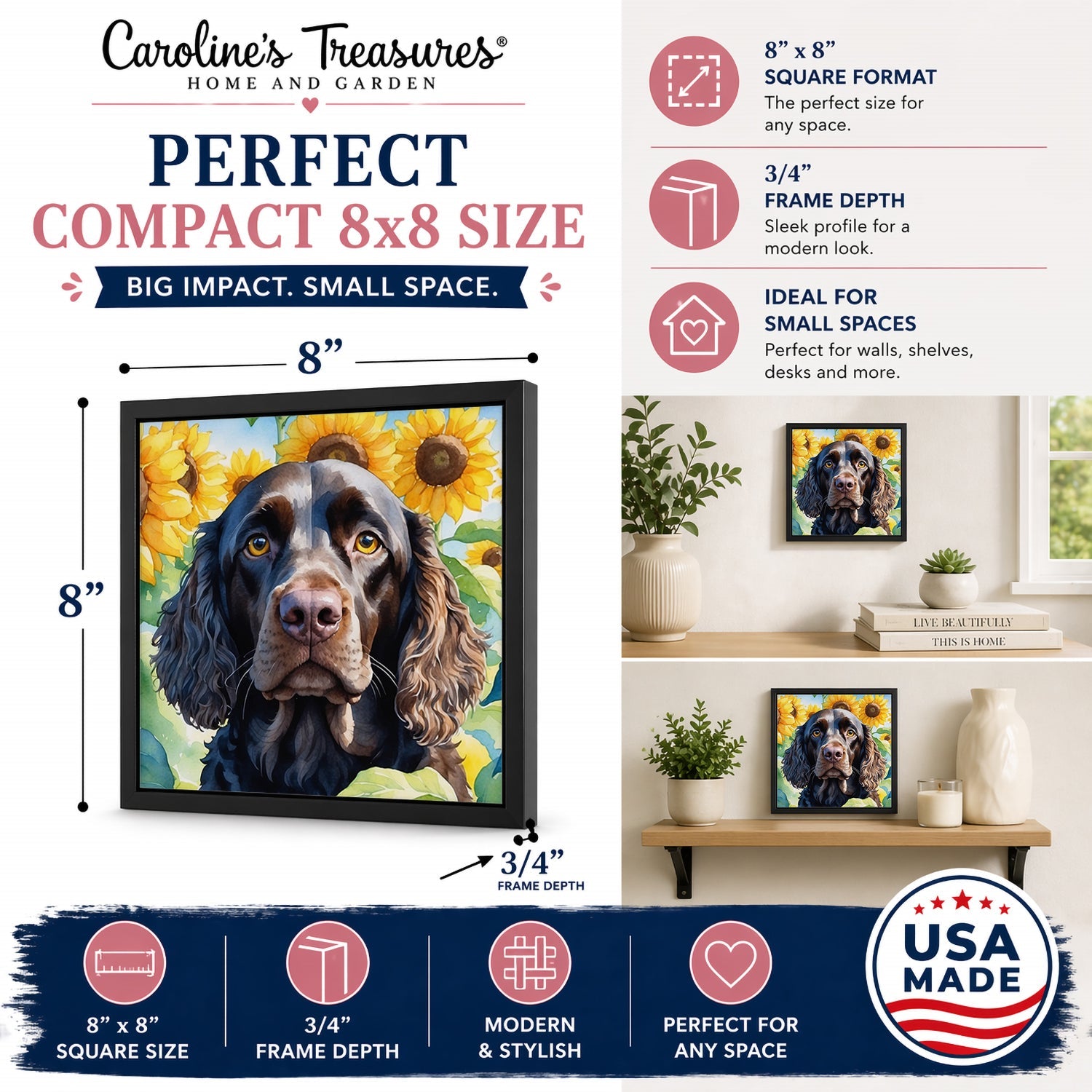 American Water Spaniel in Sunflowers Framed Metal Print Bathroom, Kitchen, Office, Home Decor Wall Art Ready to Hang, Square, 8X8