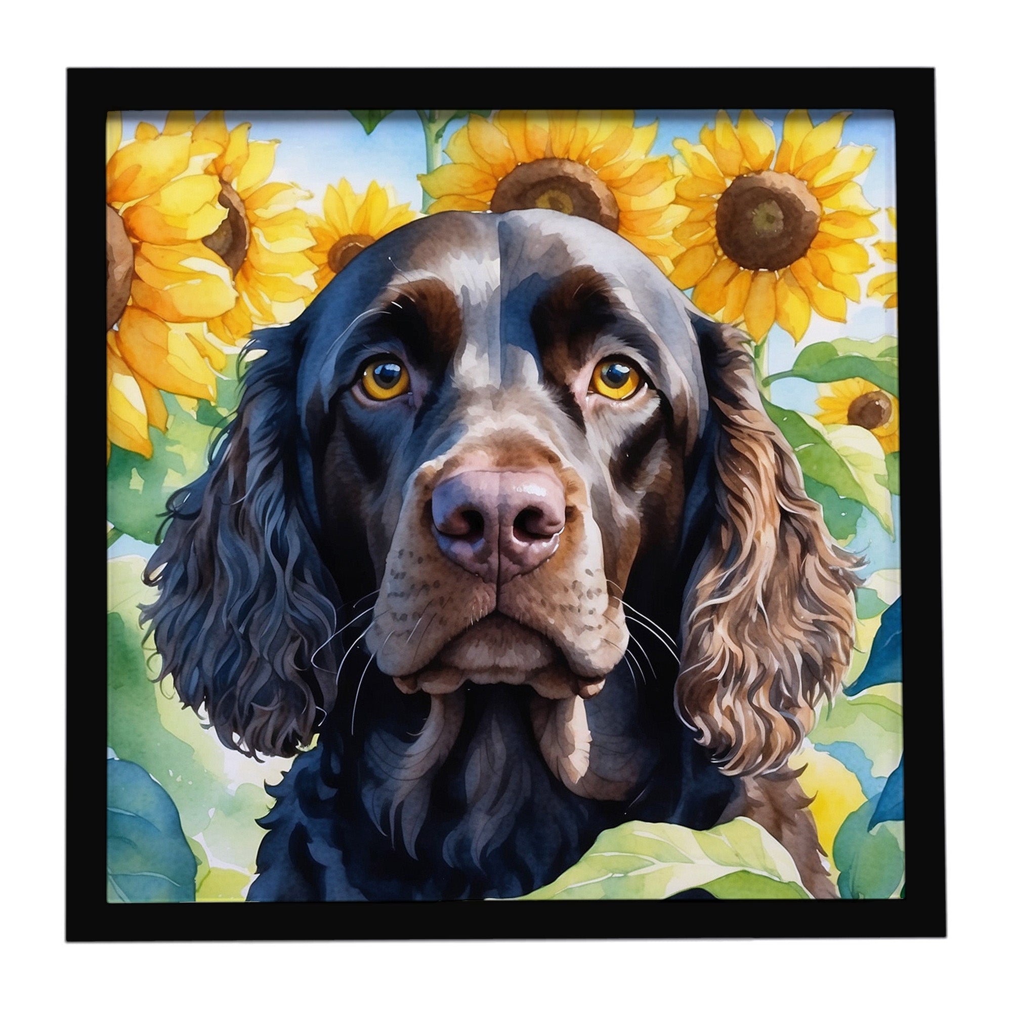 American Water Spaniel in Sunflowers Framed Metal Print Bathroom, Kitchen, Office, Home Decor Wall Art Ready to Hang, Square, 8X8