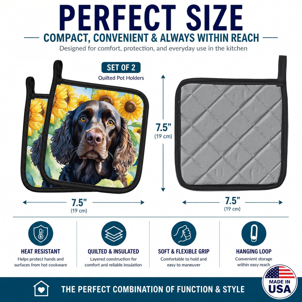 American Water Spaniel in Sunflowers Pot Holder Set of 2 Heat Resistant Quilted Hot Pads 7.5 x 7.5 Inch, Insulated Kitchen Trivets for Cooking & Baking