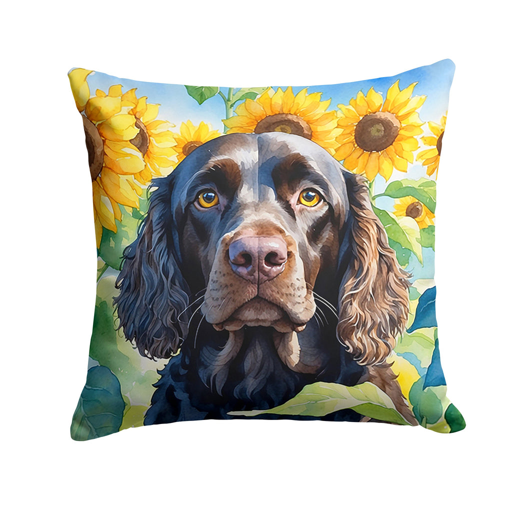 American Water Spaniel in Sunflowers Decorative Throw Pillow 14x14 Indoor Outdoor Accent Cushion, Fabric Cover with Insert for Sofa, Bed, Porch & Living Room