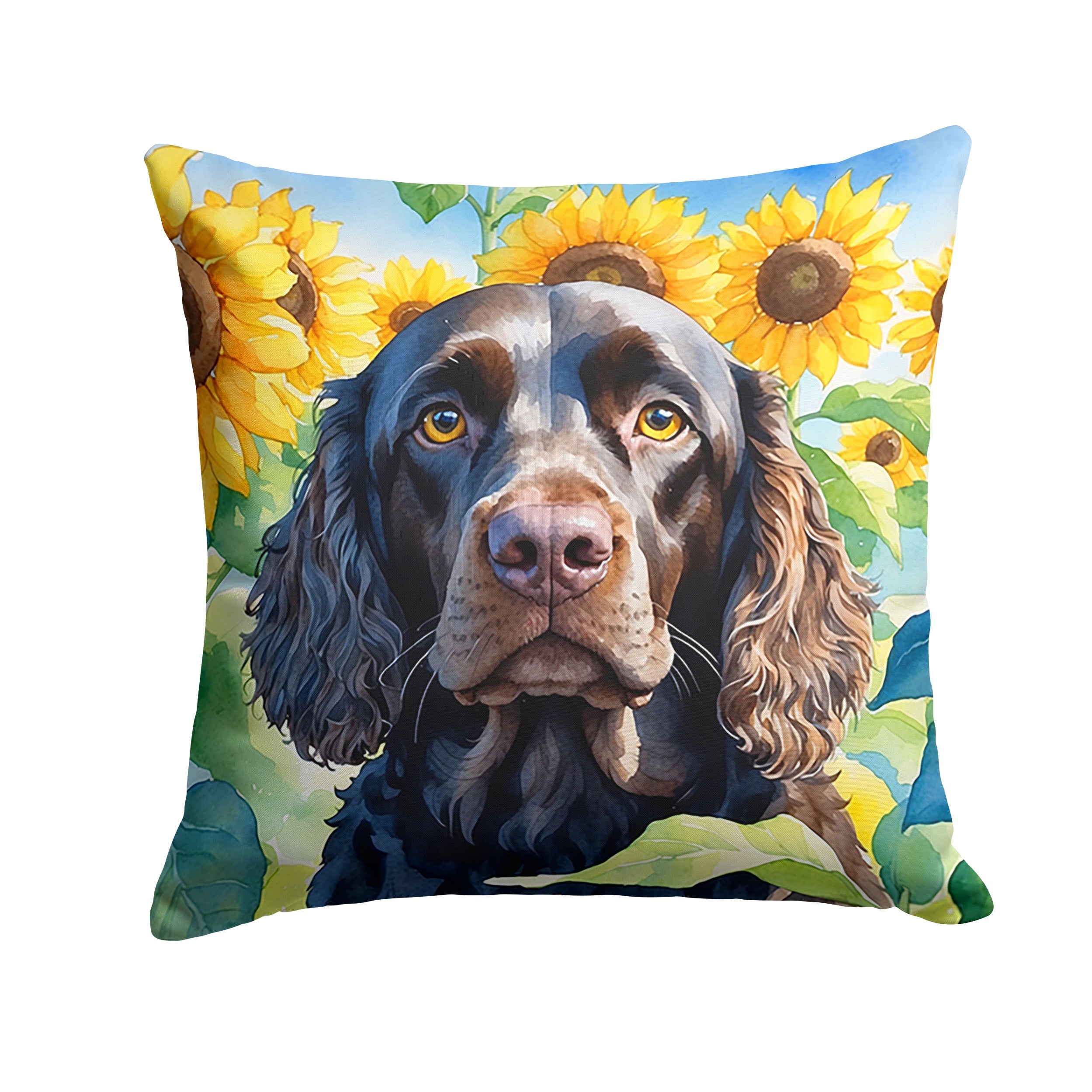 American Water Spaniel in Sunflowers Decorative Throw Pillow 14x14 Indoor Outdoor Accent Cushion, Fabric Cover with Insert for Sofa, Bed, Porch & Living Room