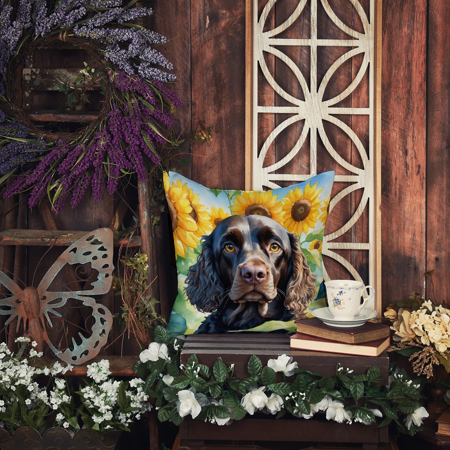 American Water Spaniel in Sunflowers Decorative Throw Pillow 14x14 Indoor Outdoor Accent Cushion, Fabric Cover with Insert for Sofa, Bed, Porch & Living Room