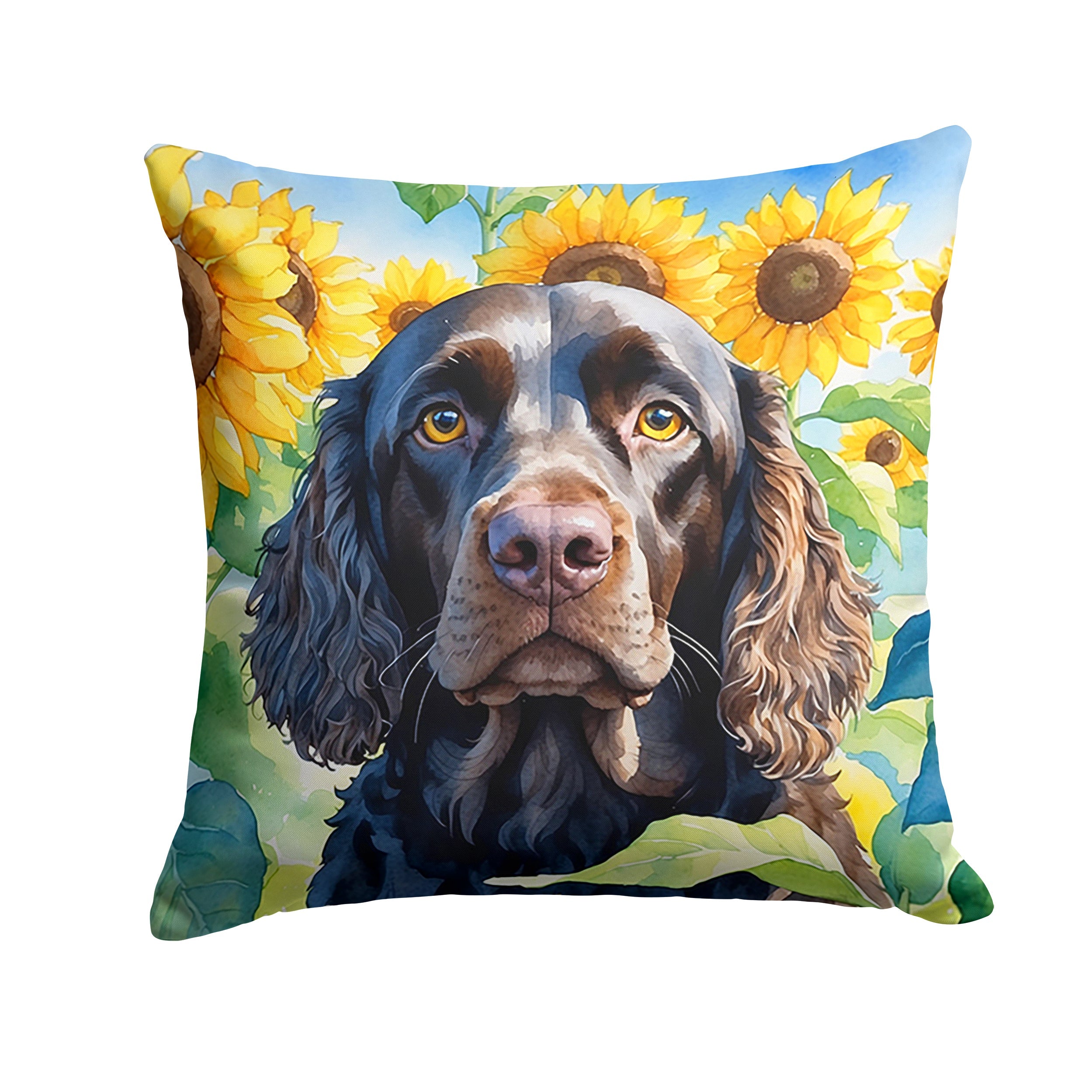 American Water Spaniel in Sunflowers Decorative Throw Pillow 18x18 Indoor Outdoor Accent Cushion, Fabric Cover with Insert for Sofa, Bed, Porch & Living Room