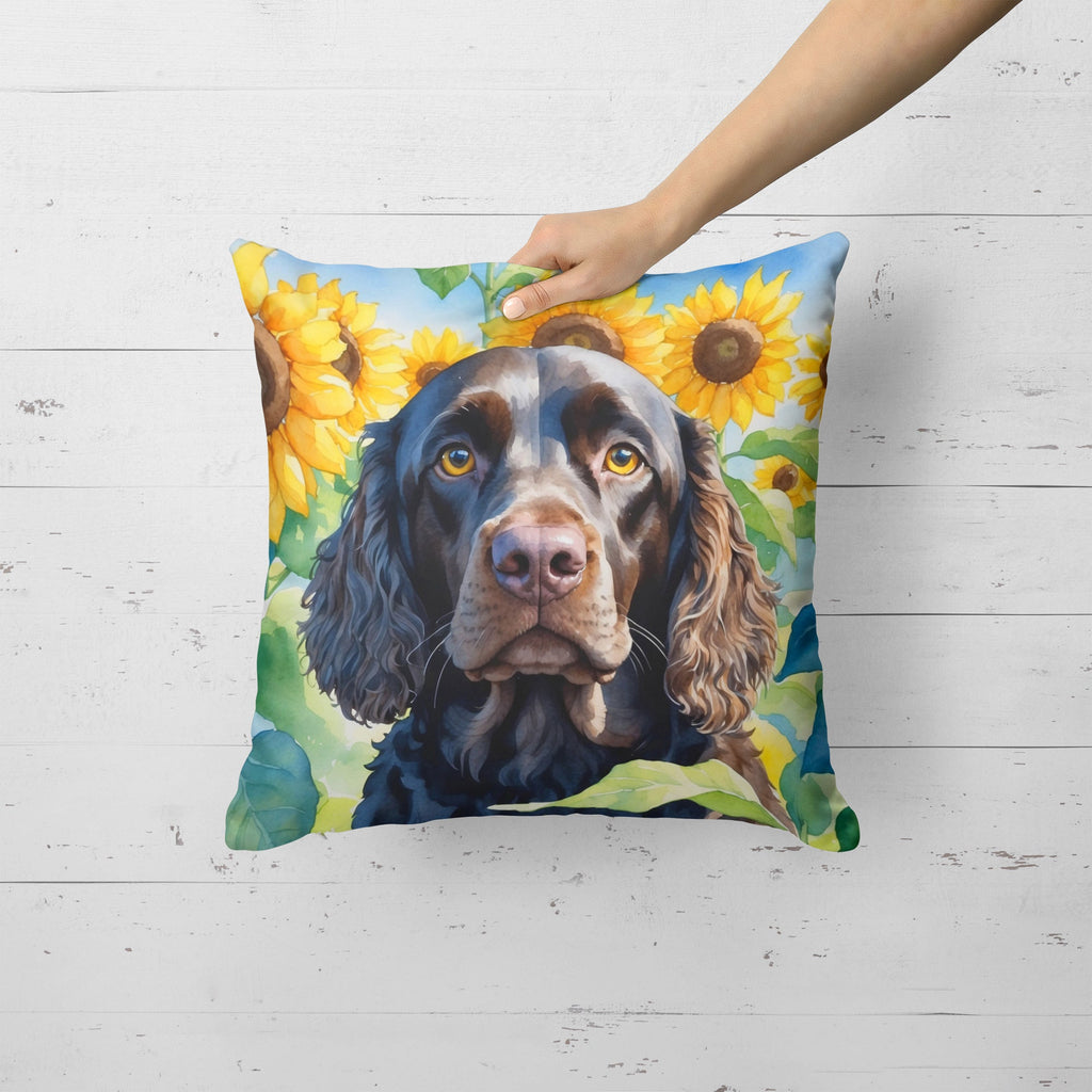 American Water Spaniel in Sunflowers Decorative Throw Pillow 18x18 Indoor Outdoor Accent Cushion, Fabric Cover with Insert for Sofa, Bed, Porch & Living Room