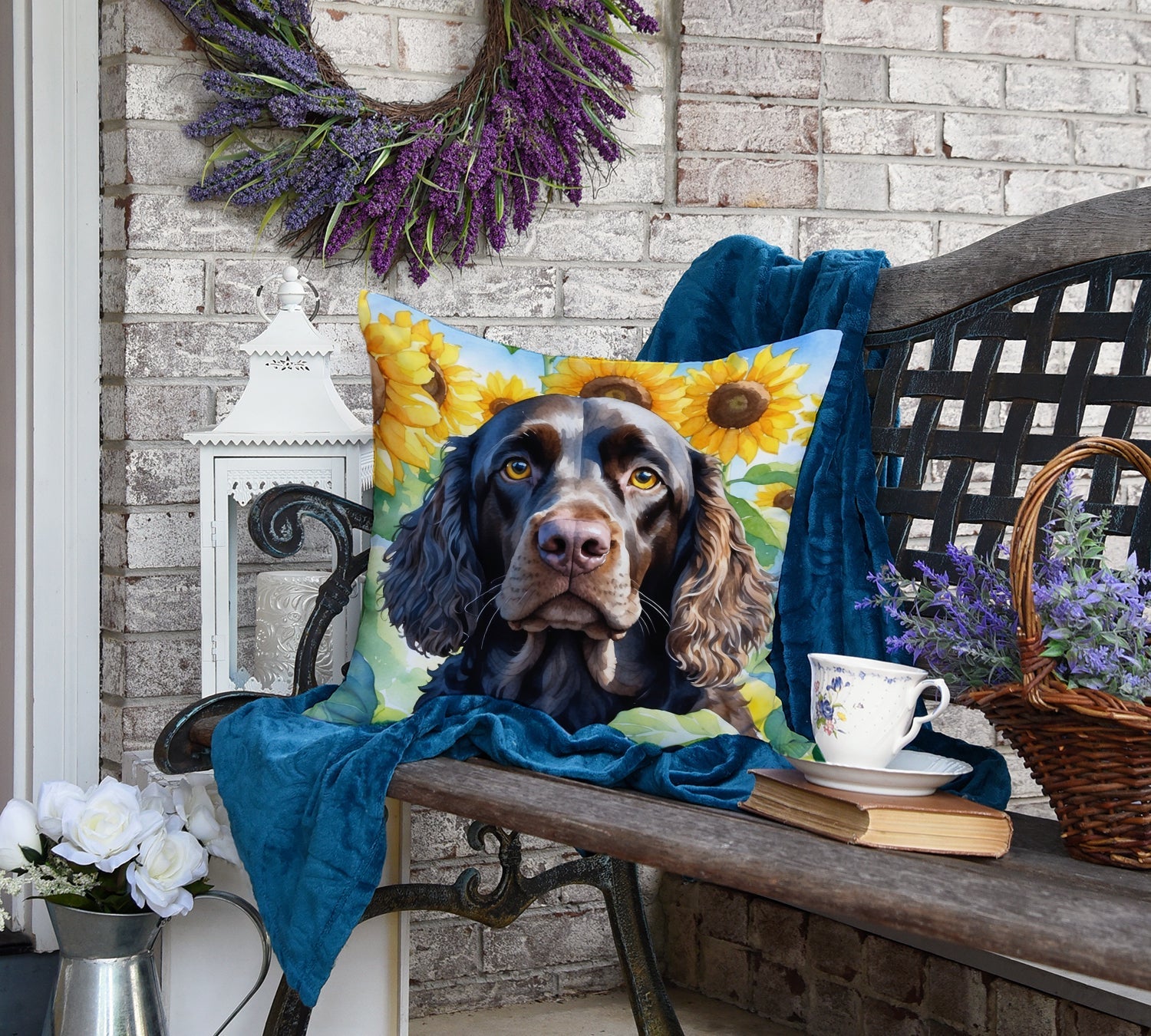 American Water Spaniel in Sunflowers Decorative Throw Pillow 18x18 Indoor Outdoor Accent Cushion, Fabric Cover with Insert for Sofa, Bed, Porch & Living Room