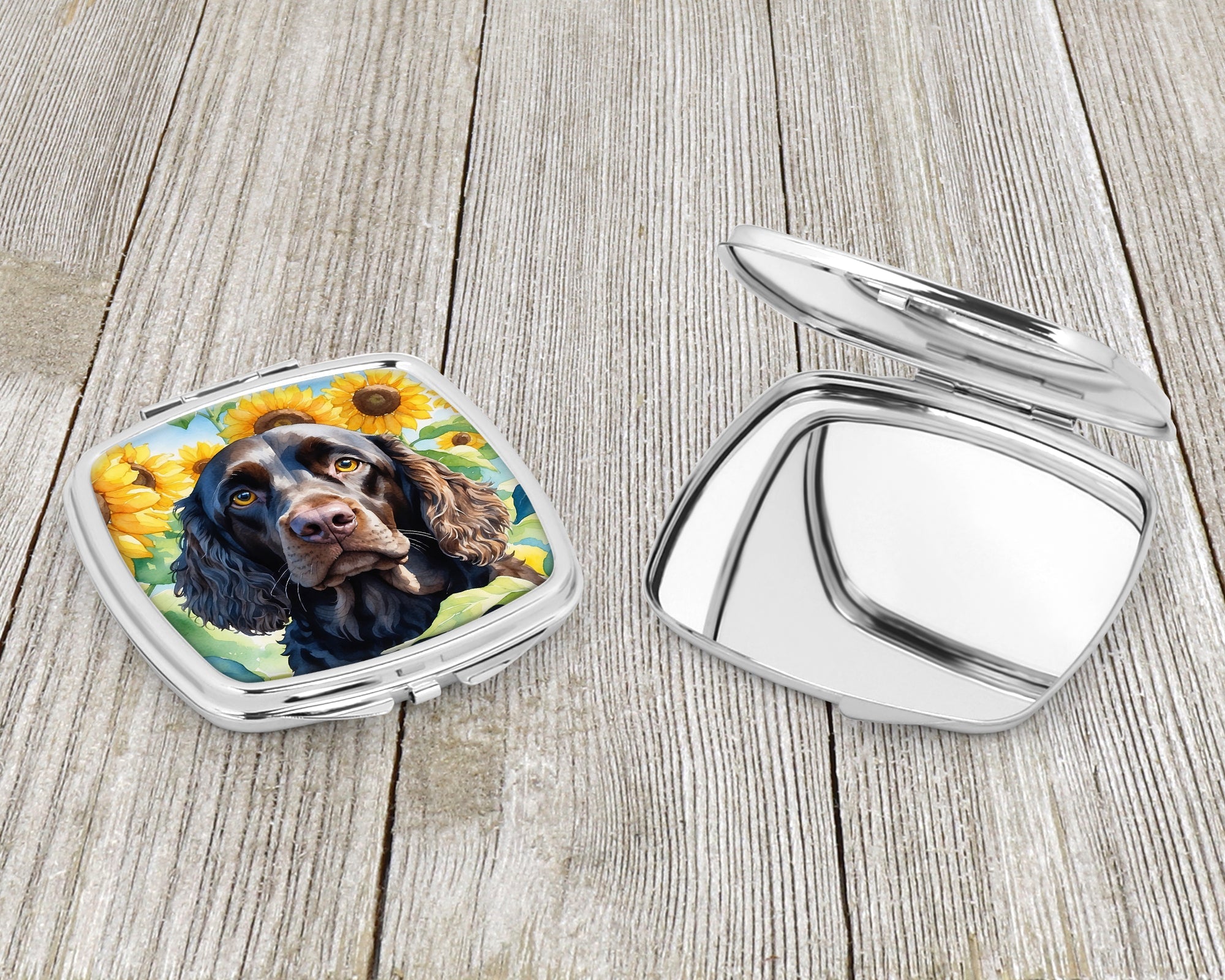 American Water Spaniel in Sunflowers Compact Mirror Decorative Travel Makeup Mirror for Women Girls Gifts Pocket Makeup Mirror Folding Handheld