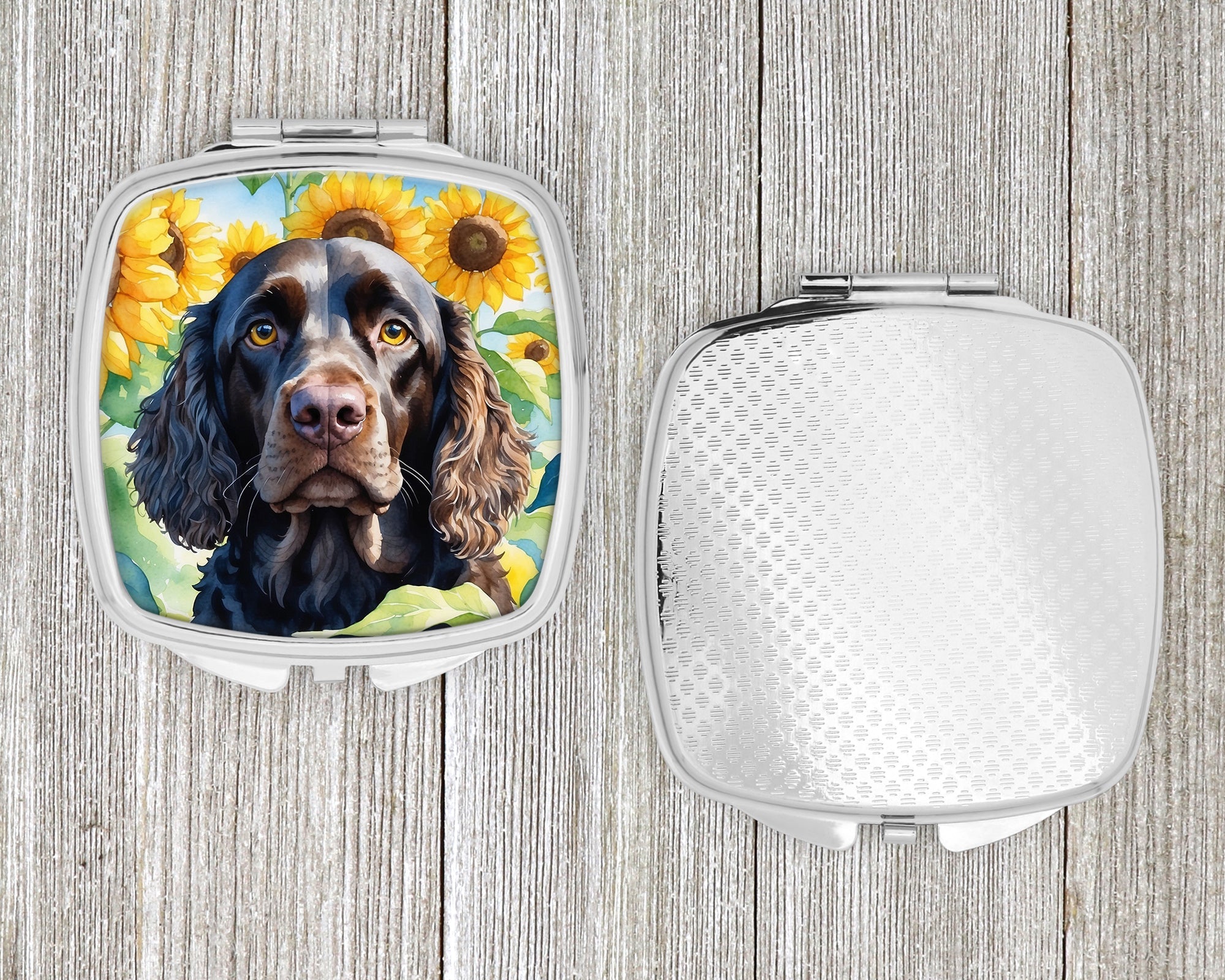 American Water Spaniel in Sunflowers Compact Mirror Decorative Travel Makeup Mirror for Women Girls Gifts Pocket Makeup Mirror Folding Handheld