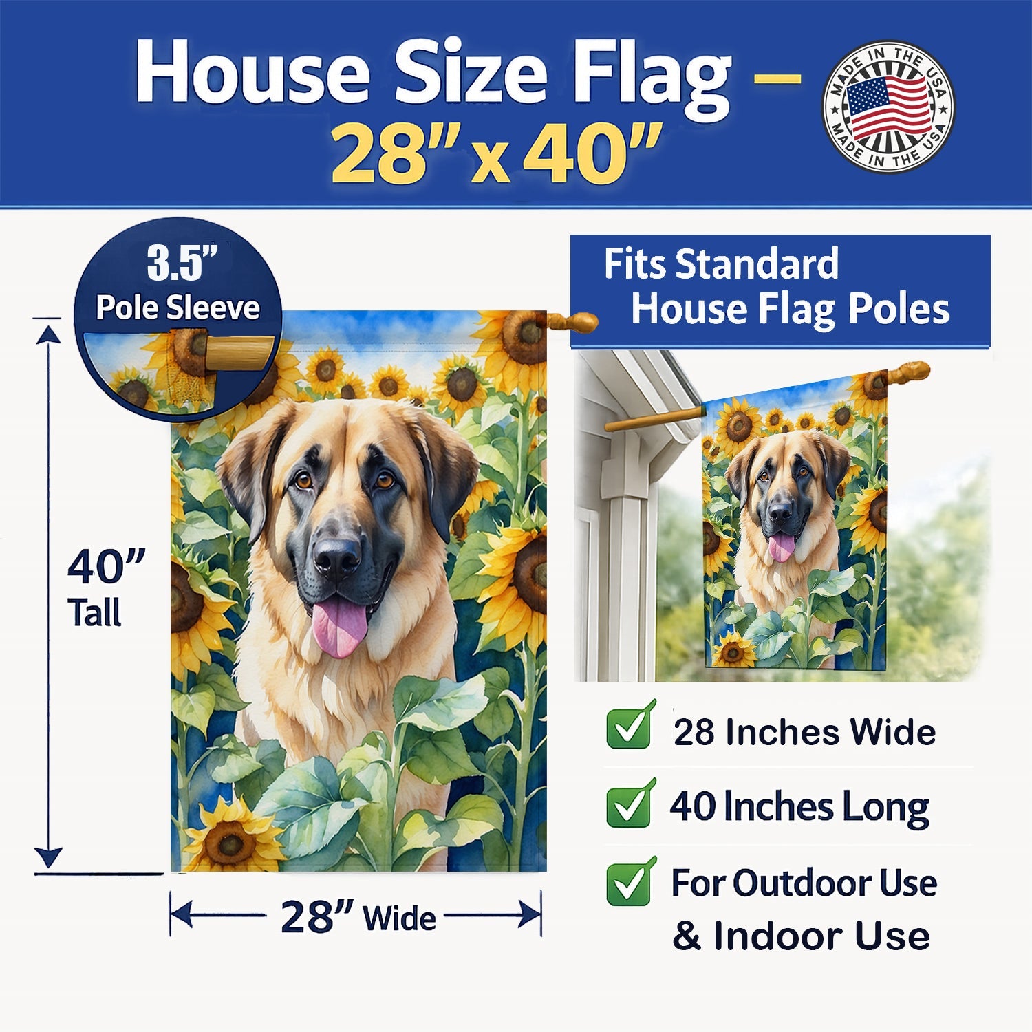 Anatolian Shepherd in Sunflowers House Flag 28x40 Porch Sleeve Pole Decorative Outside Yard Banner Artwork Wall Hanging, Polyester