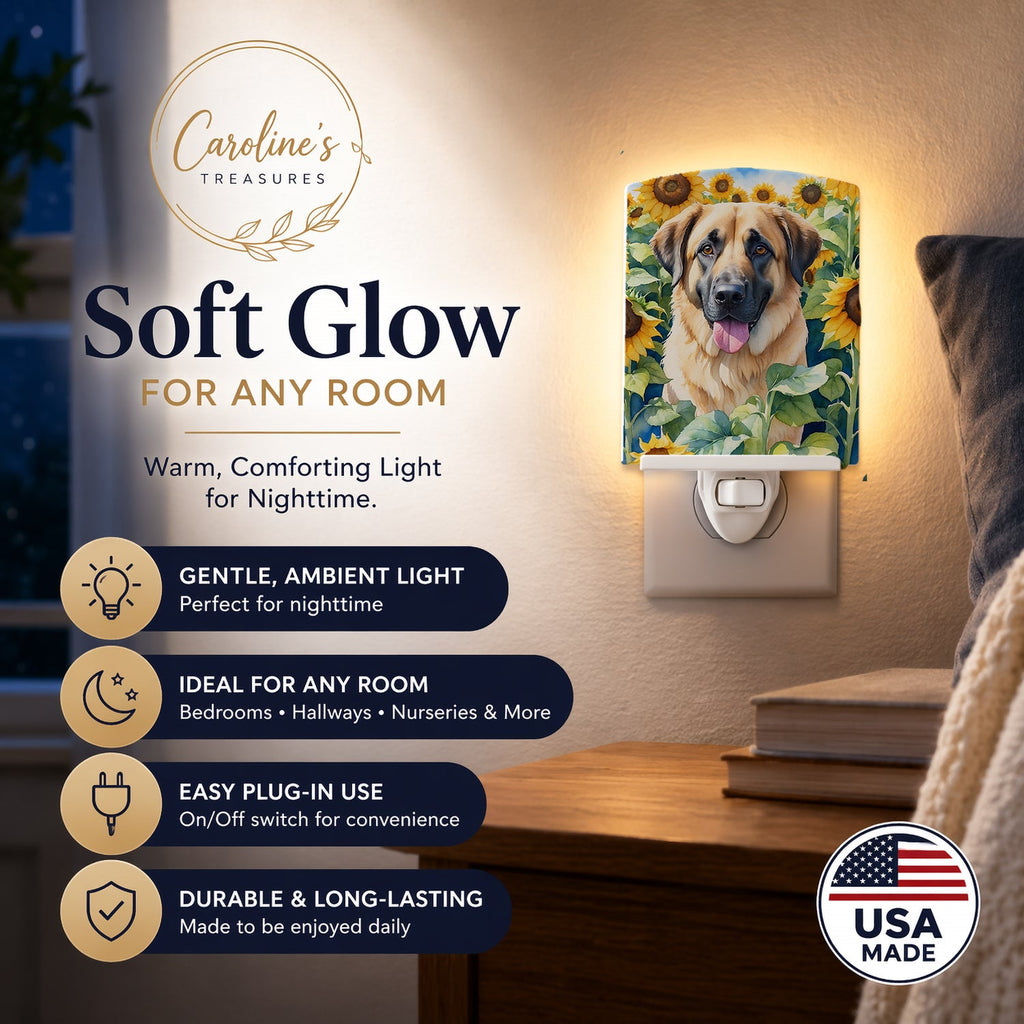 Anatolian Shepherd in Sunflowers Ceramic Night Light Compact, UL-Certified, Ideal for Bedroom, Bathroom, Nursery, Hallway, Kitchen, 6x4x3, Multicolor