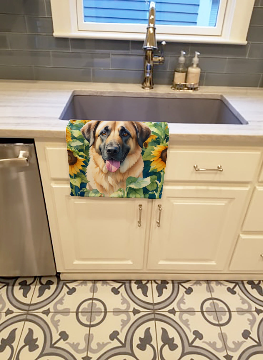Anatolian Shepherd in Sunflowers Kitchen Towel Velour Plush Front and Cotton Loop Back Machine Washable