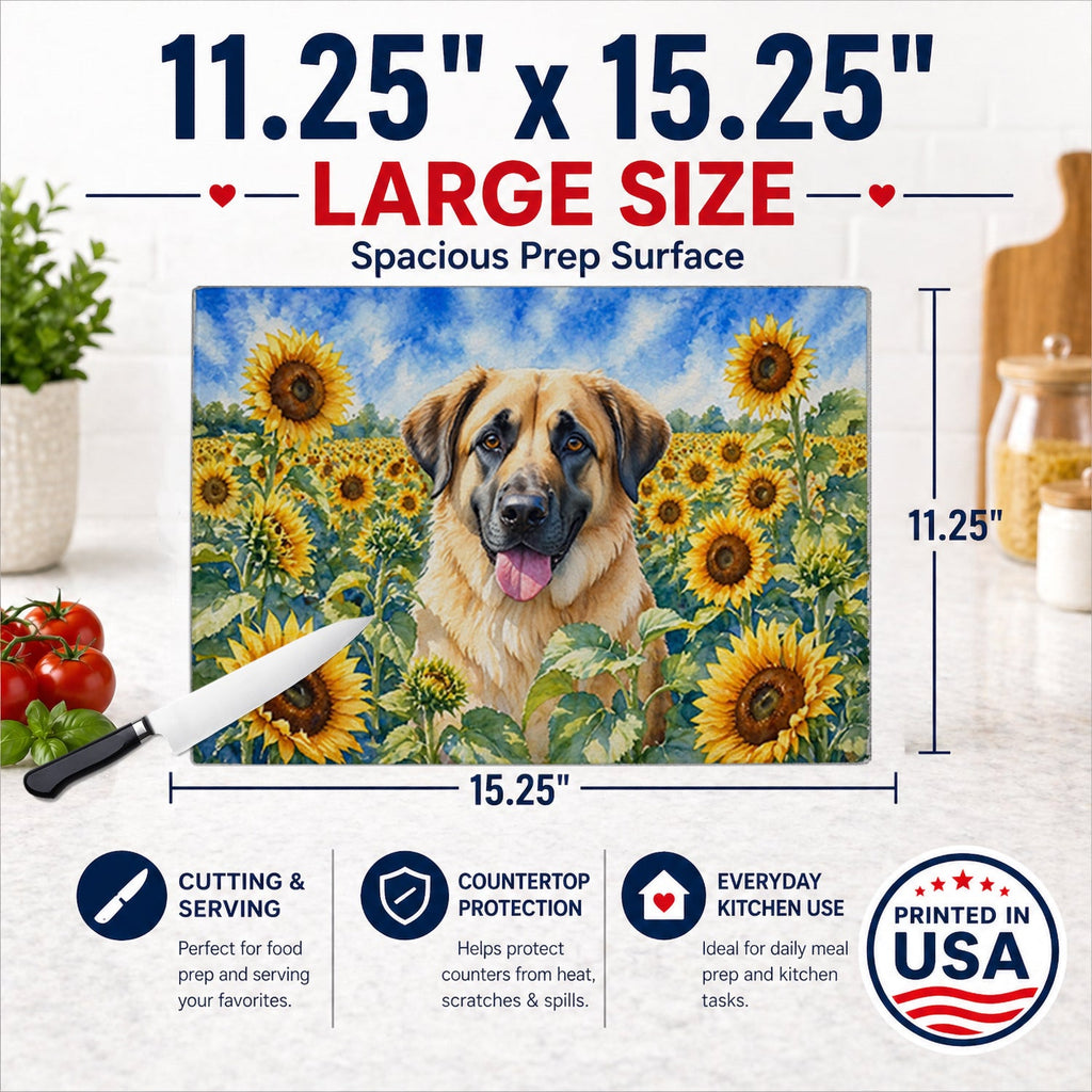 Anatolian Shepherd in Sunflowers Cutting Board Tempered Glass Kitchen Cutting Surface, Heat Resistant Chopping Board with Non-Slip Feet, Decorative Food Prep & Serving